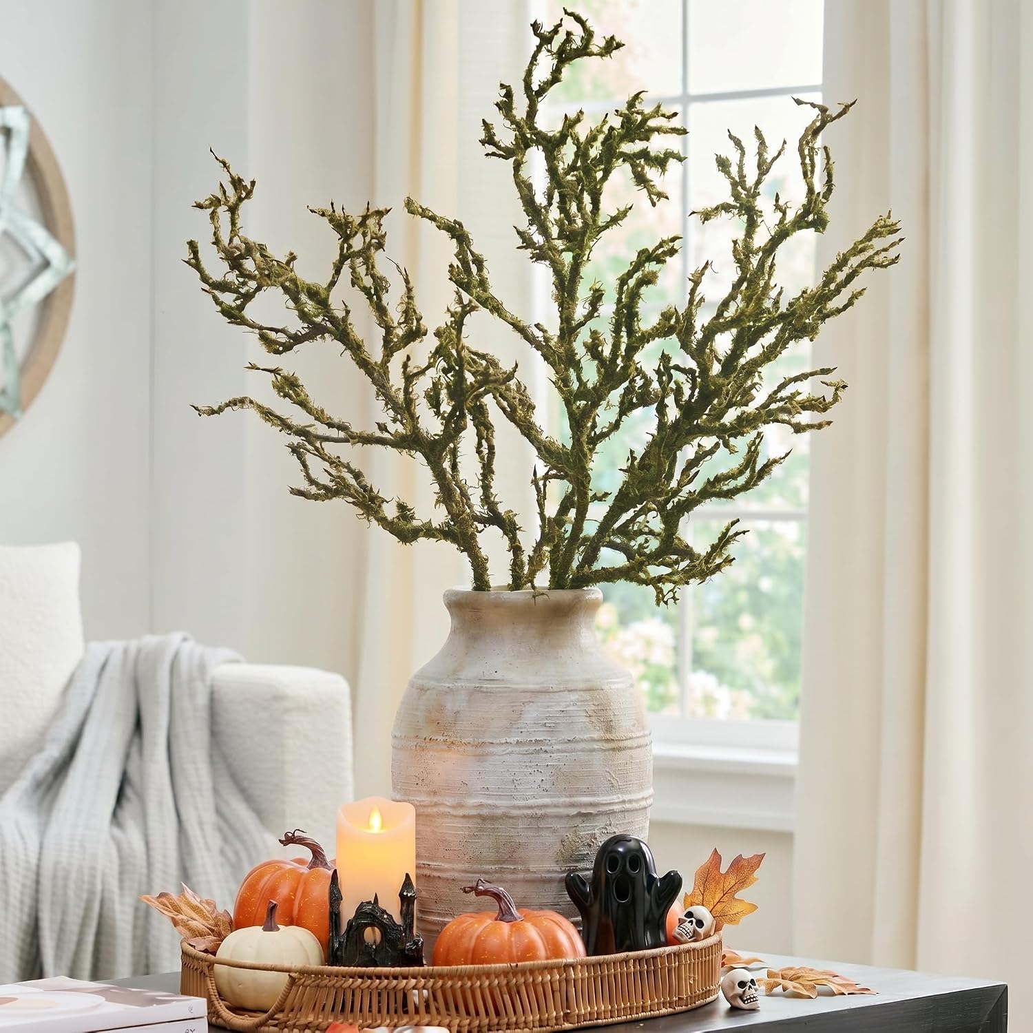 Ashenby 5 Pack Halloween Artificial Moss Branches 18 Inch Bendable Twigs, 15.2 ounces, Green