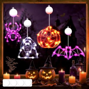 Birchmont Halloween Window Lights with Timer, 4 Pack Pumpkin, Ghost, Spider, Bat, Orange, Purple & White