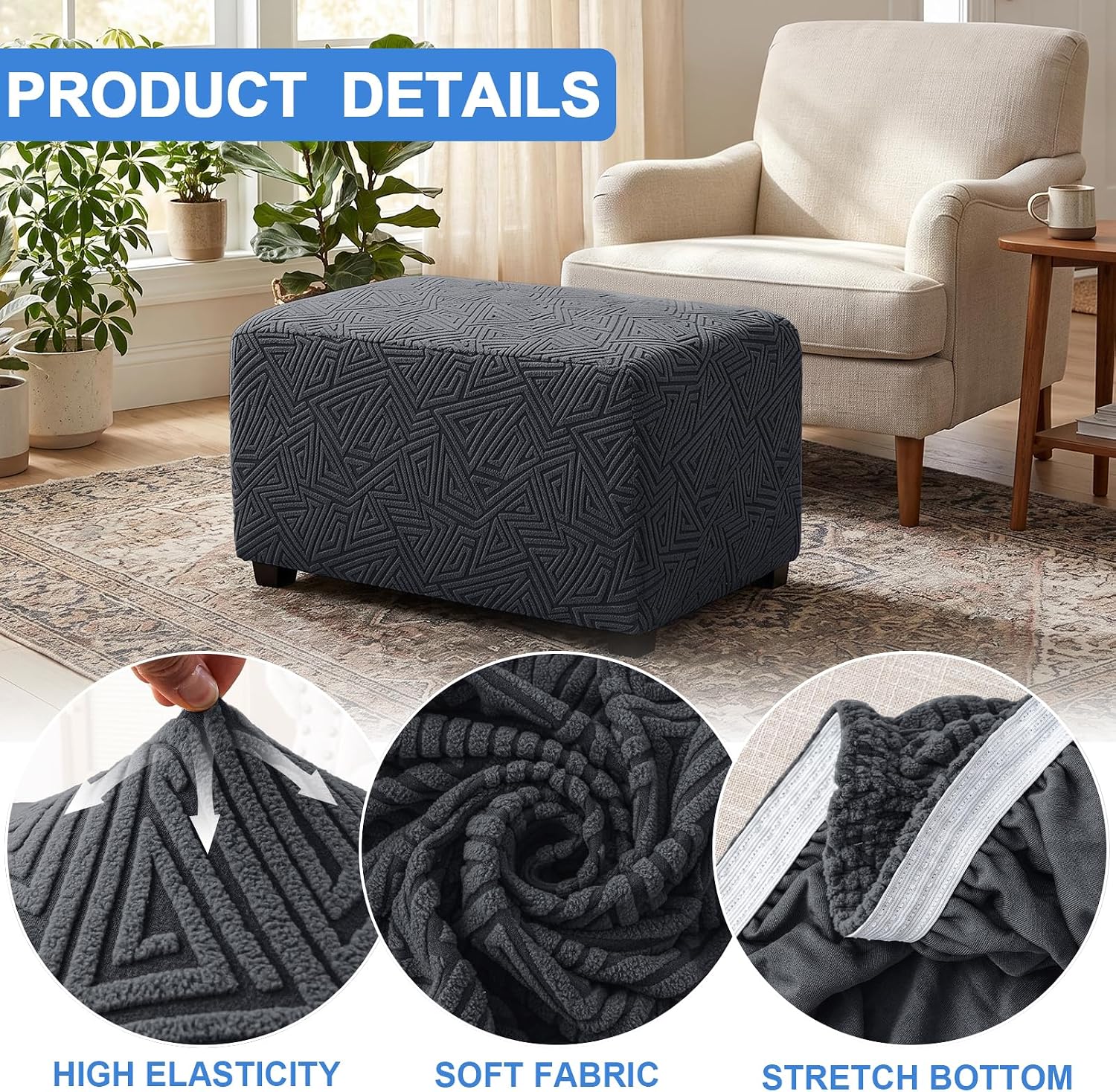 Aldernest Stretch Ottoman Cover Rectangular, Large, Charcoal Gray