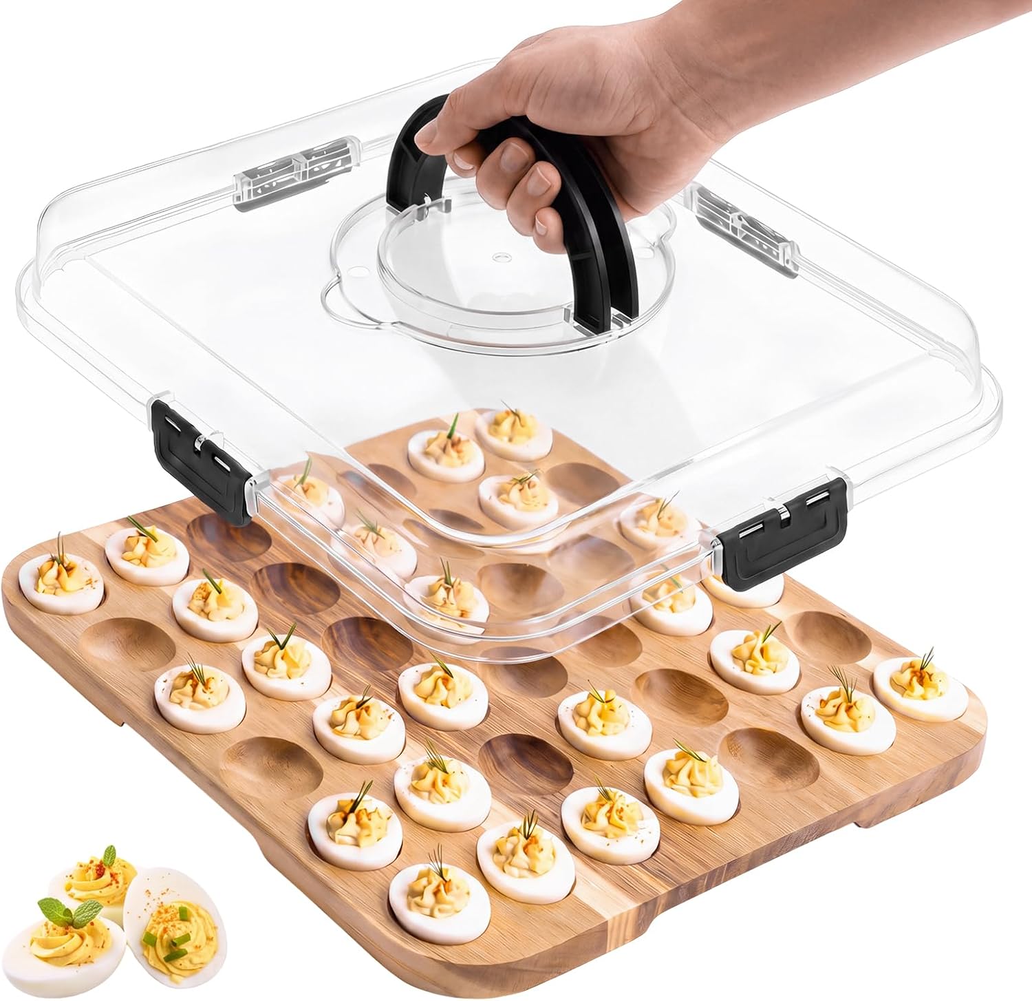Ashenby Acacia Wood Deviled Egg Carrier with Secure Snap-Lock Lid, 13.5*2.9, Black