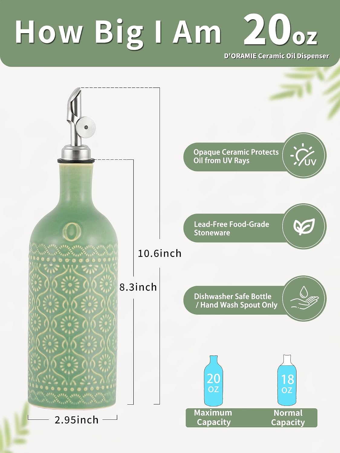 Aldernest 20oz Ceramic Olive Oil Dispenser Bottle - Sage Green, 0.38 kg, O - Green