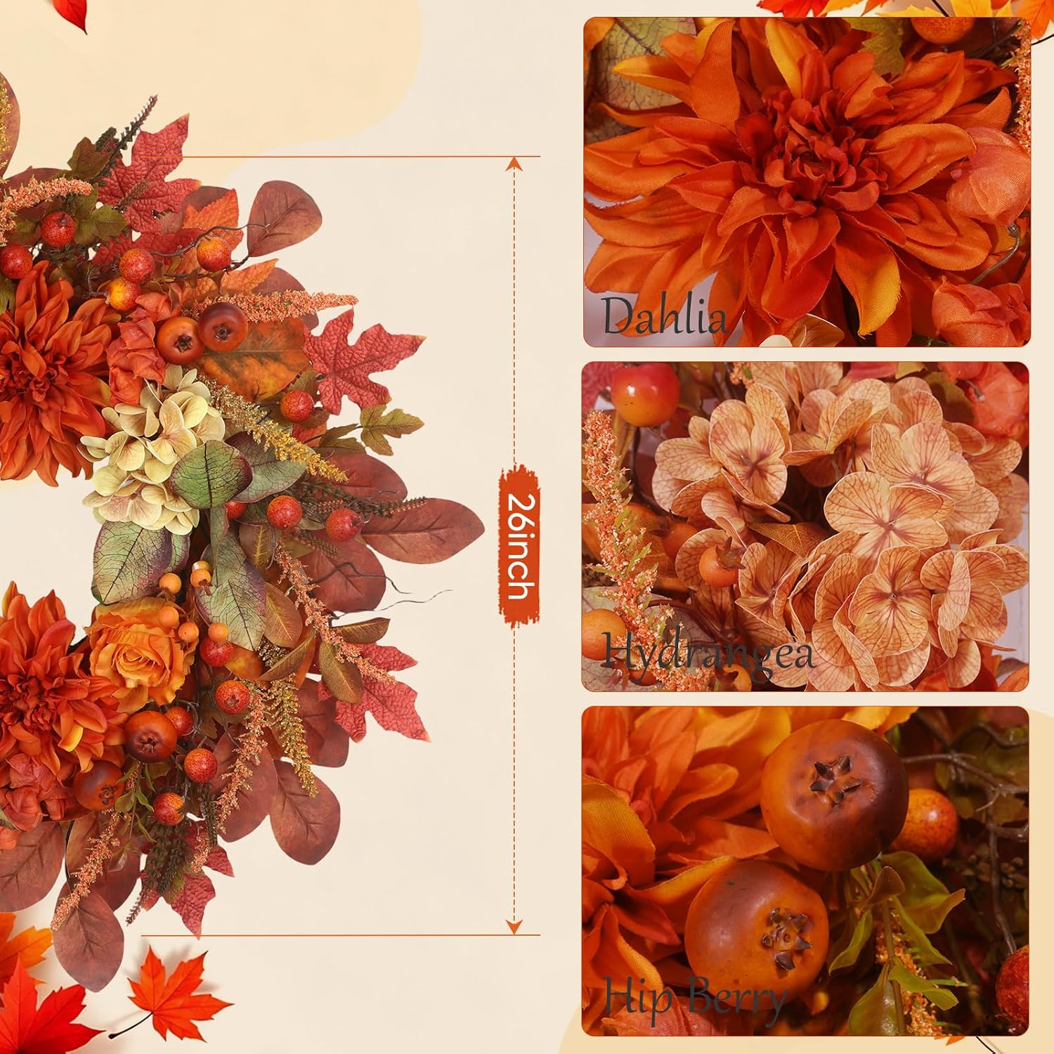 Birchmont Autumn Harvest Wreath for Front Door 26 Inch, 1.5 pounds, Orange