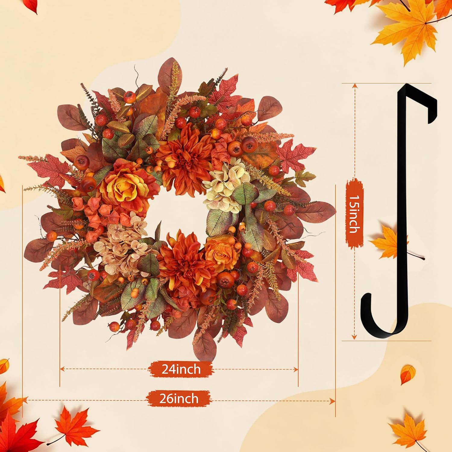 Birchmont Autumn Harvest Wreath for Front Door 26 Inch, 1.5 pounds, Orange