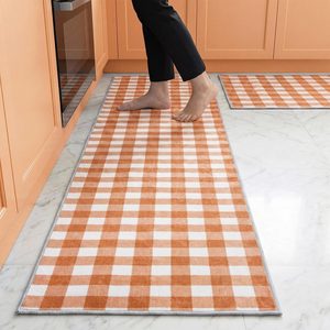 Aldernest 2 Pcs Fall Orange Gingham Kitchen Mats Farmhouse Plaid Runners Decor, 17 x 30 and 17 x 47