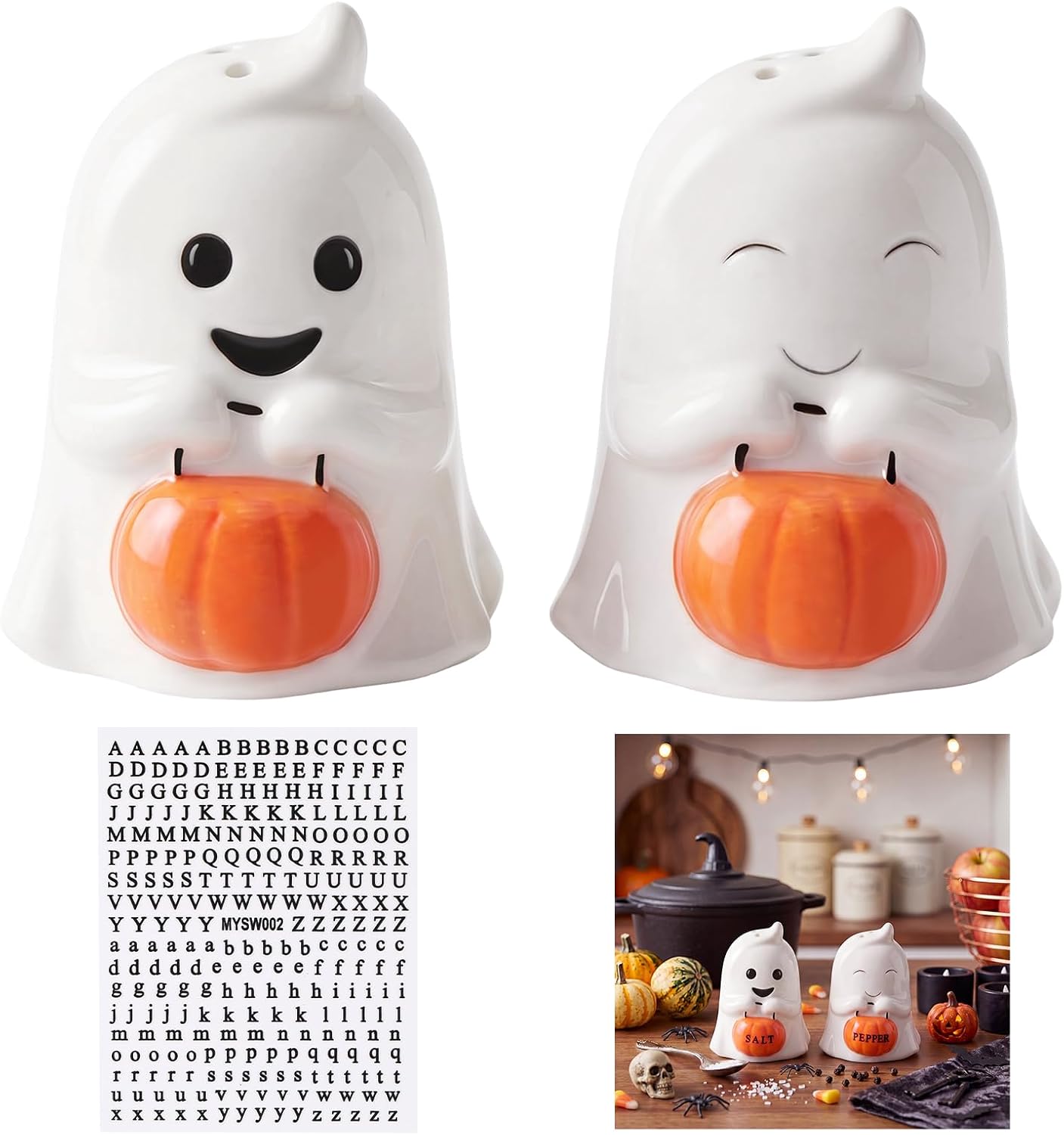 Aldernest 2 Pcs Halloween Ghost Salt and Pepper Shakers Set, white, orange