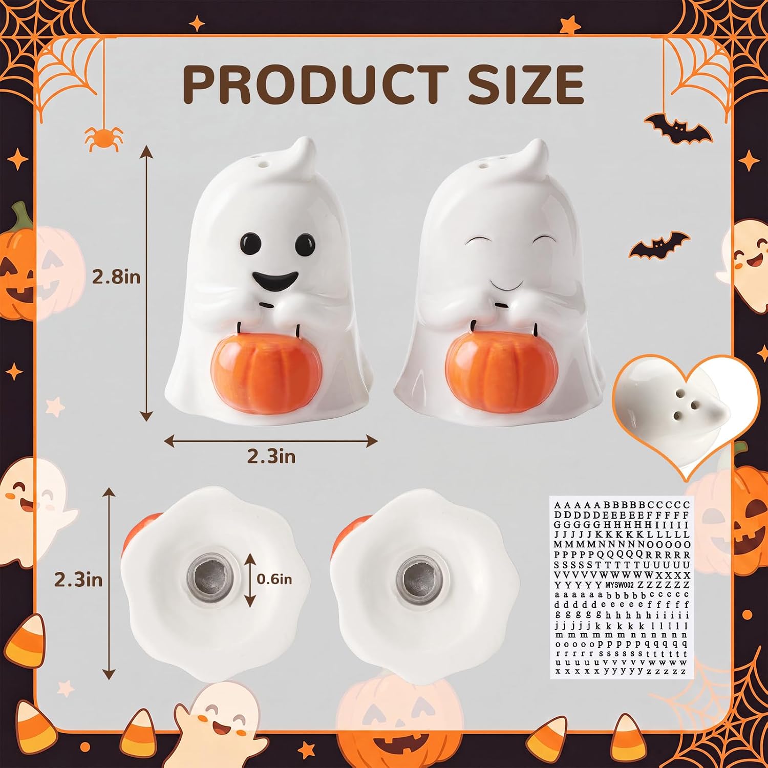 Aldernest 2 Pcs Halloween Ghost Salt and Pepper Shakers Set, white, orange
