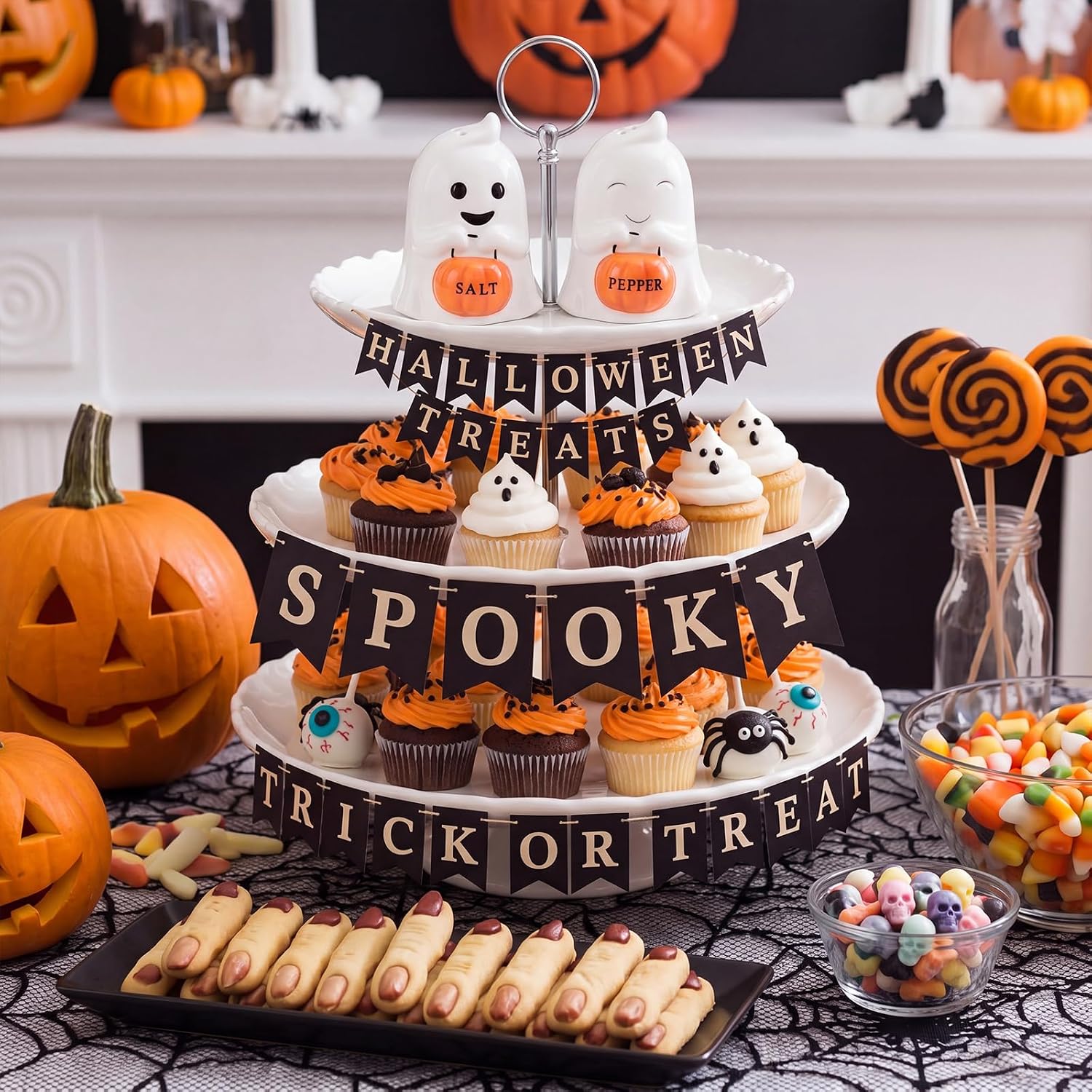 Aldernest 2 Pcs Halloween Ghost Salt and Pepper Shakers Set, white, orange