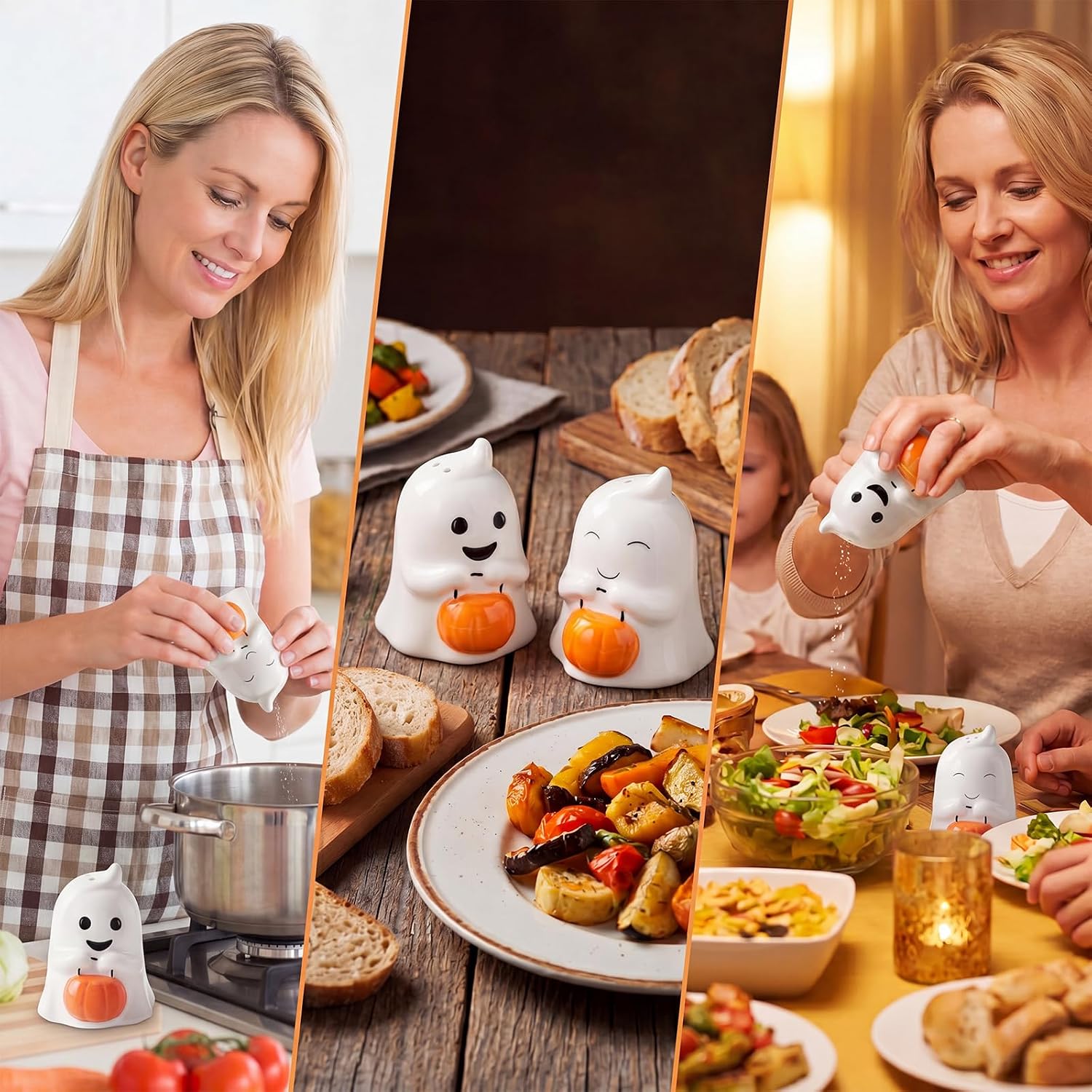 Aldernest 2 Pcs Halloween Ghost Salt and Pepper Shakers Set, white, orange