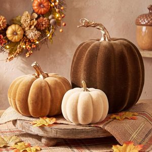 Quillstone 3 Pcs Velvet Pumpkin Decor Set 3D Foam Pumpkin, Brown, 5.6 ounces