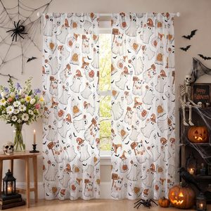 VelloHome 2Pcs White Sheer Curtains for Window 52x84in, Bat Ghost Pumpkin