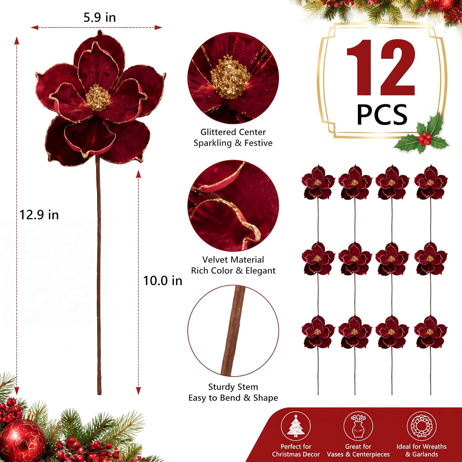 Ashenby 12 Pcs Burgundy Christmas Magnolia Flower Artificial Poinsettia, 10.56 ounces