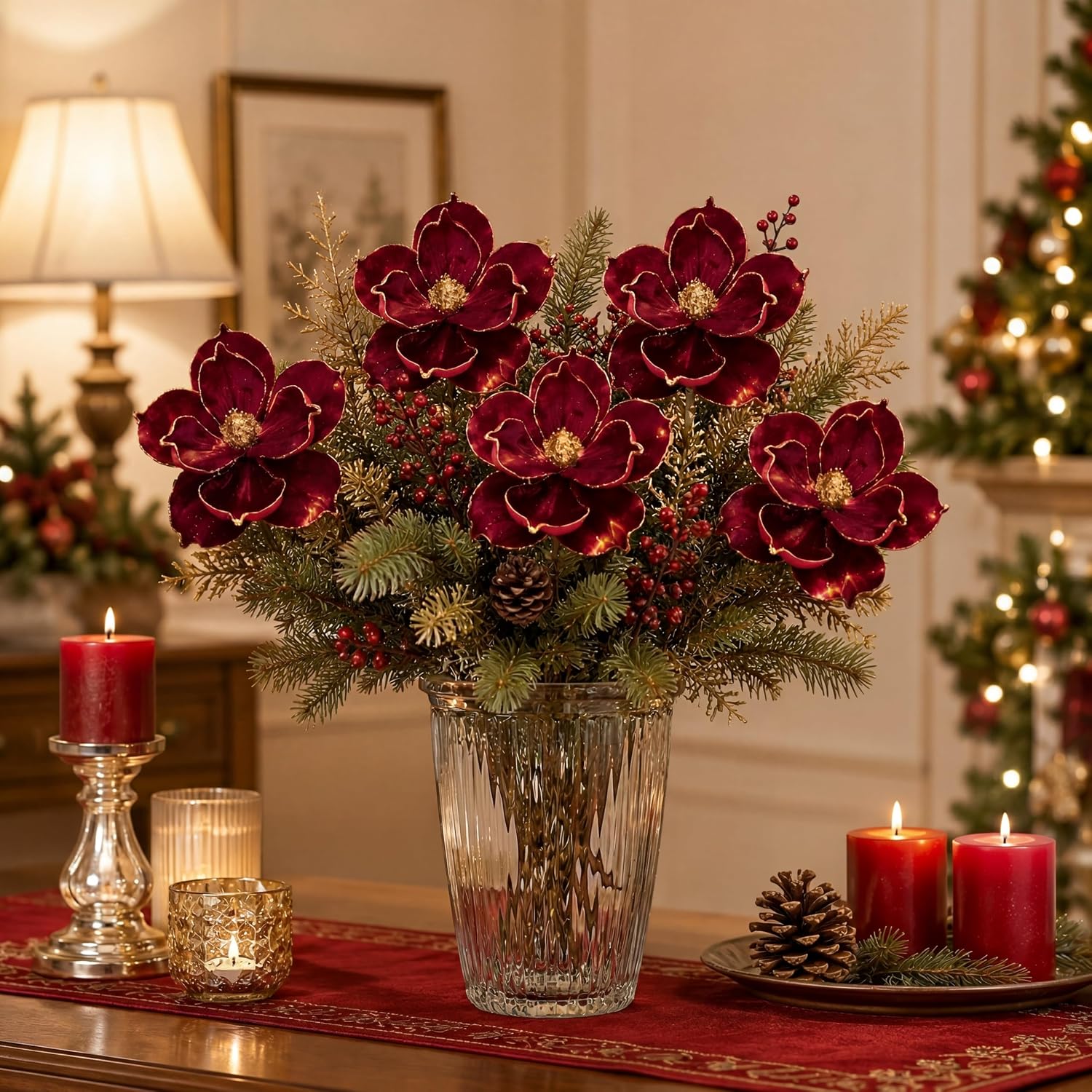 Ashenby 12 Pcs Burgundy Christmas Magnolia Flower Artificial Poinsettia, 10.56 ounces