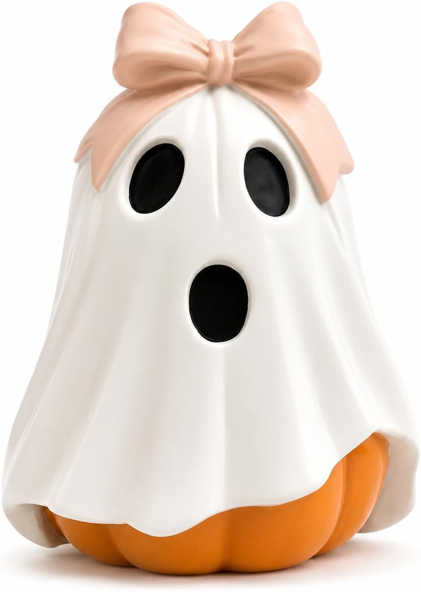 Cedarmoss Halloween Ghost Pumpkin Figurine, Cute Resin Ghost Decoration with Pink Bow for Fall Tabletop Home Decor, White Ghost Pumpkin