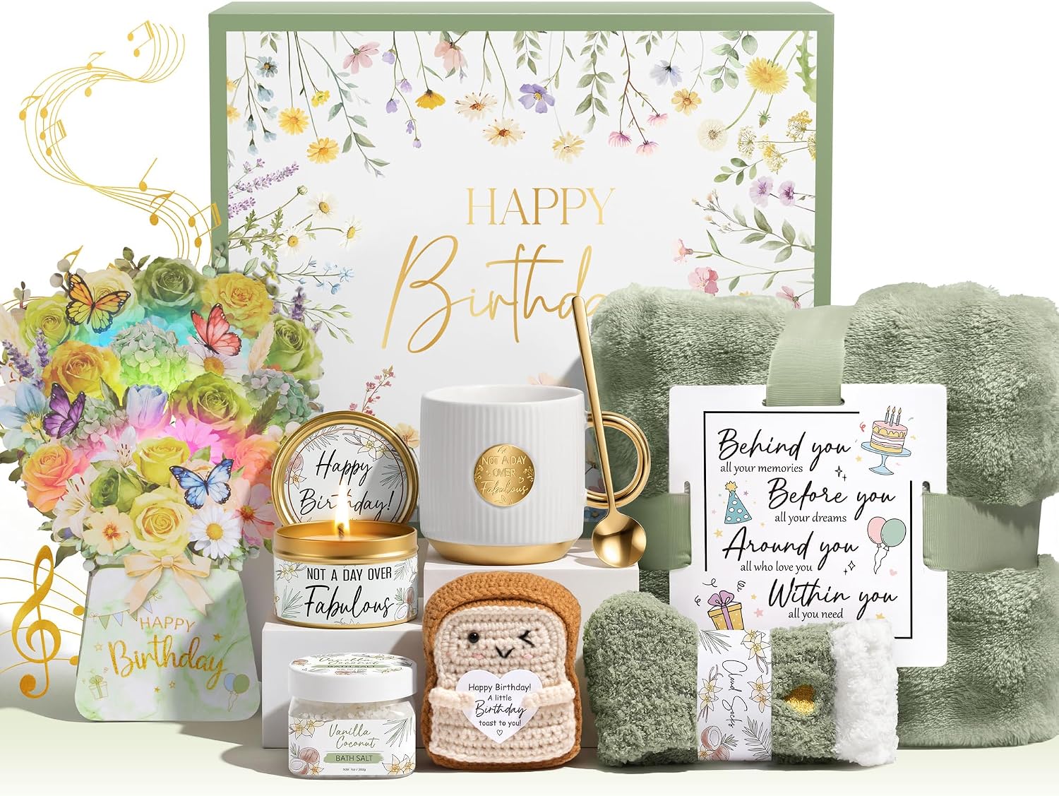 Ashenby Birthday Gifts Basket for Women Her, Happy Birthday Gift Box for Mom Sister, Sage Green - Vanilla Coconut, 9 Count