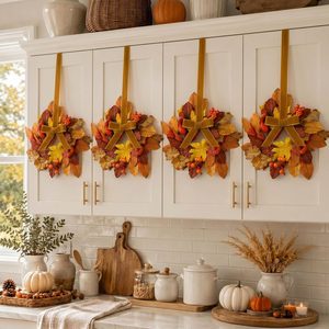 Birchmont 6 Pack 9" Mini Fall Wreaths Bulk for Kitchen Cabinet Decoration, Orange, Red, Brown