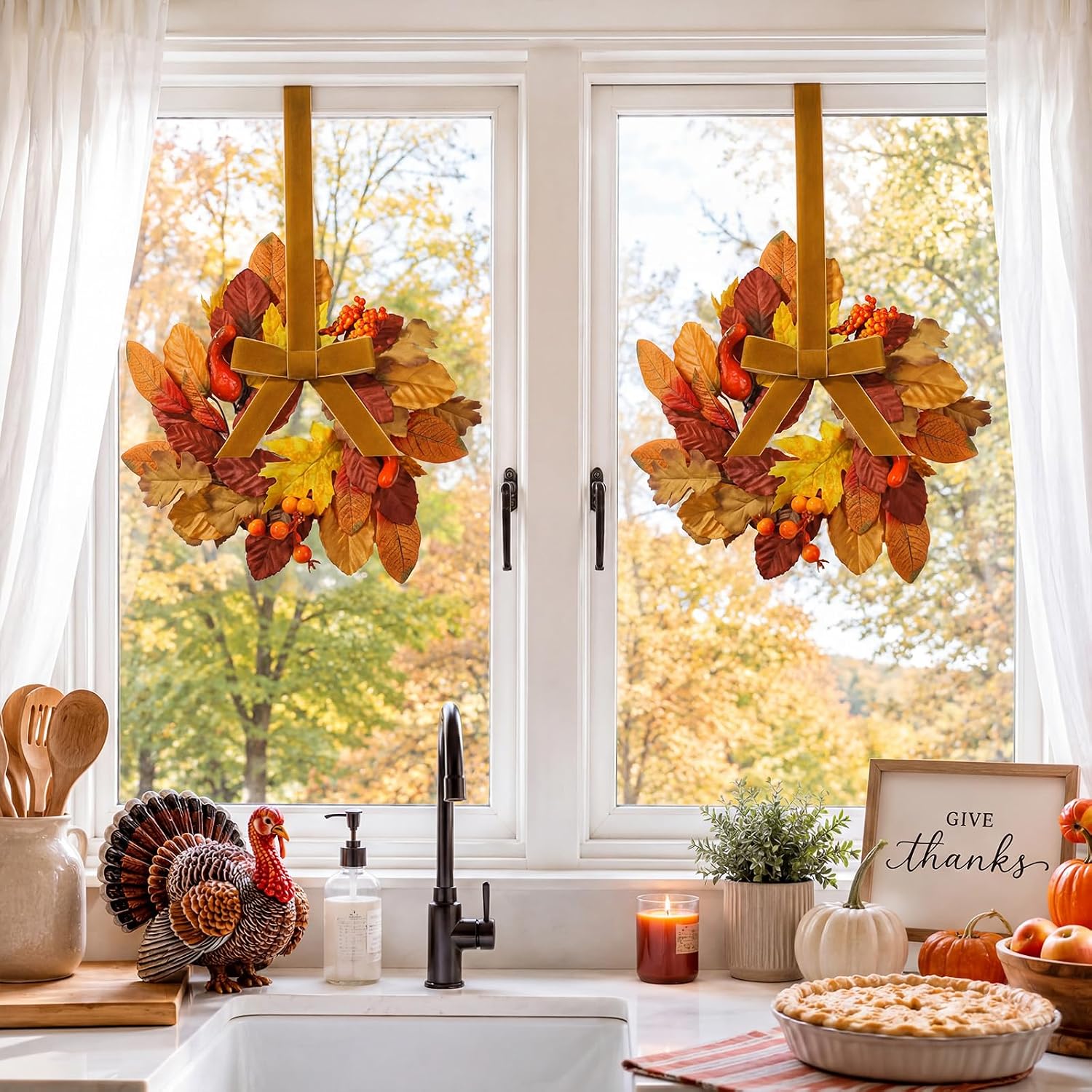 Birchmont 6 Pack 9" Mini Fall Wreaths Bulk for Kitchen Cabinet Decoration, Orange, Red, Brown