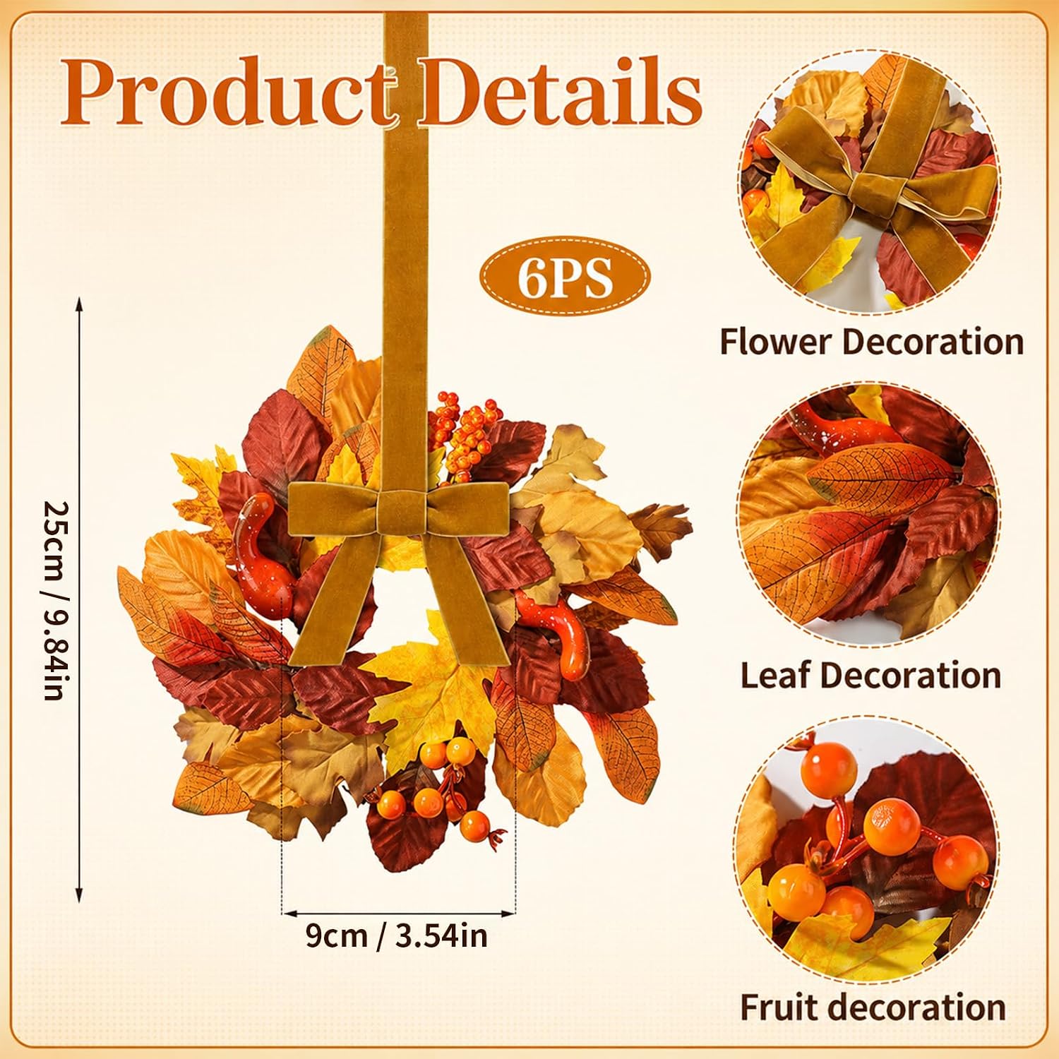 Birchmont 6 Pack 9" Mini Fall Wreaths Bulk for Kitchen Cabinet Decoration, Orange, Red, Brown