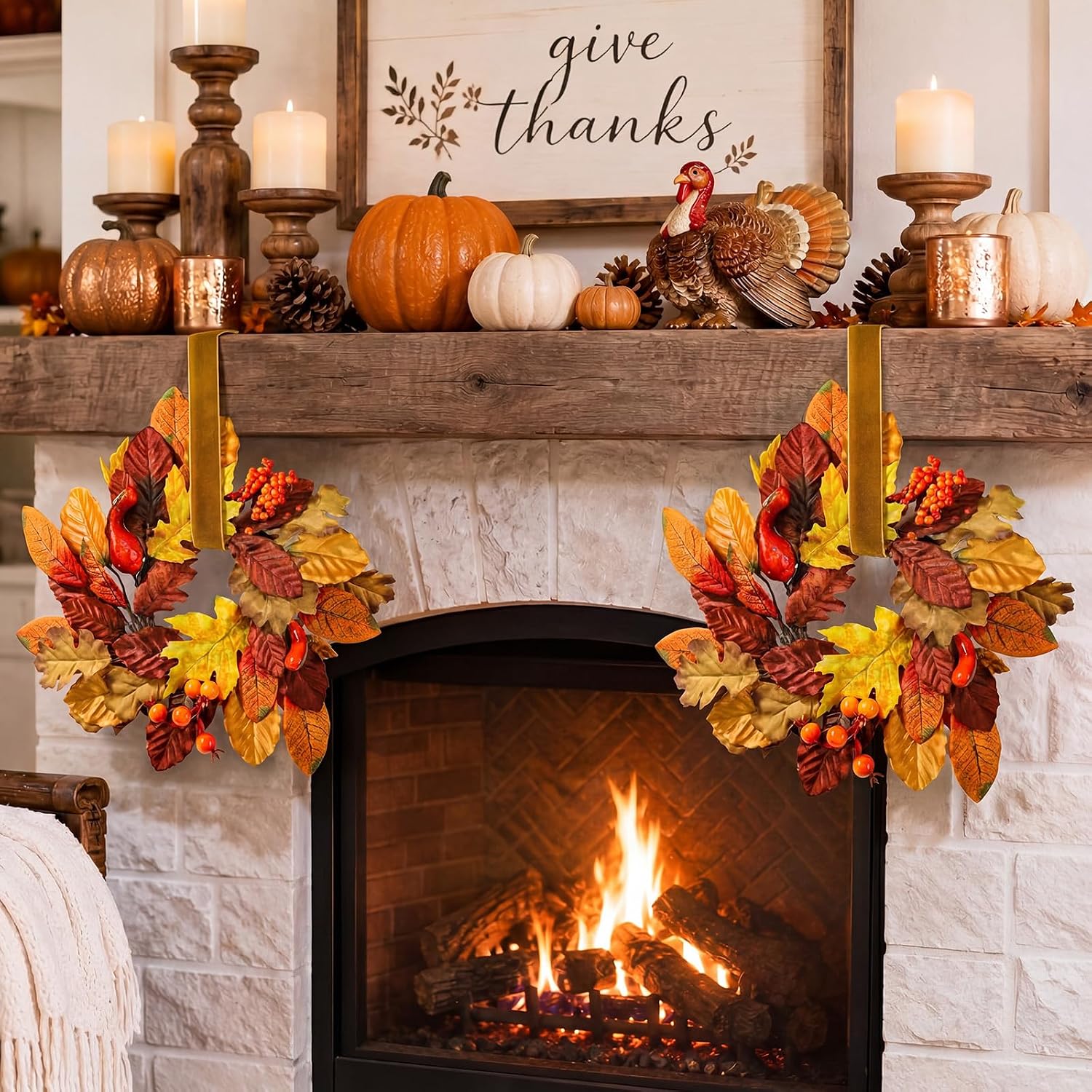 Birchmont 6 Pack 9" Mini Fall Wreaths Bulk for Kitchen Cabinet Decoration, Orange, Red, Brown