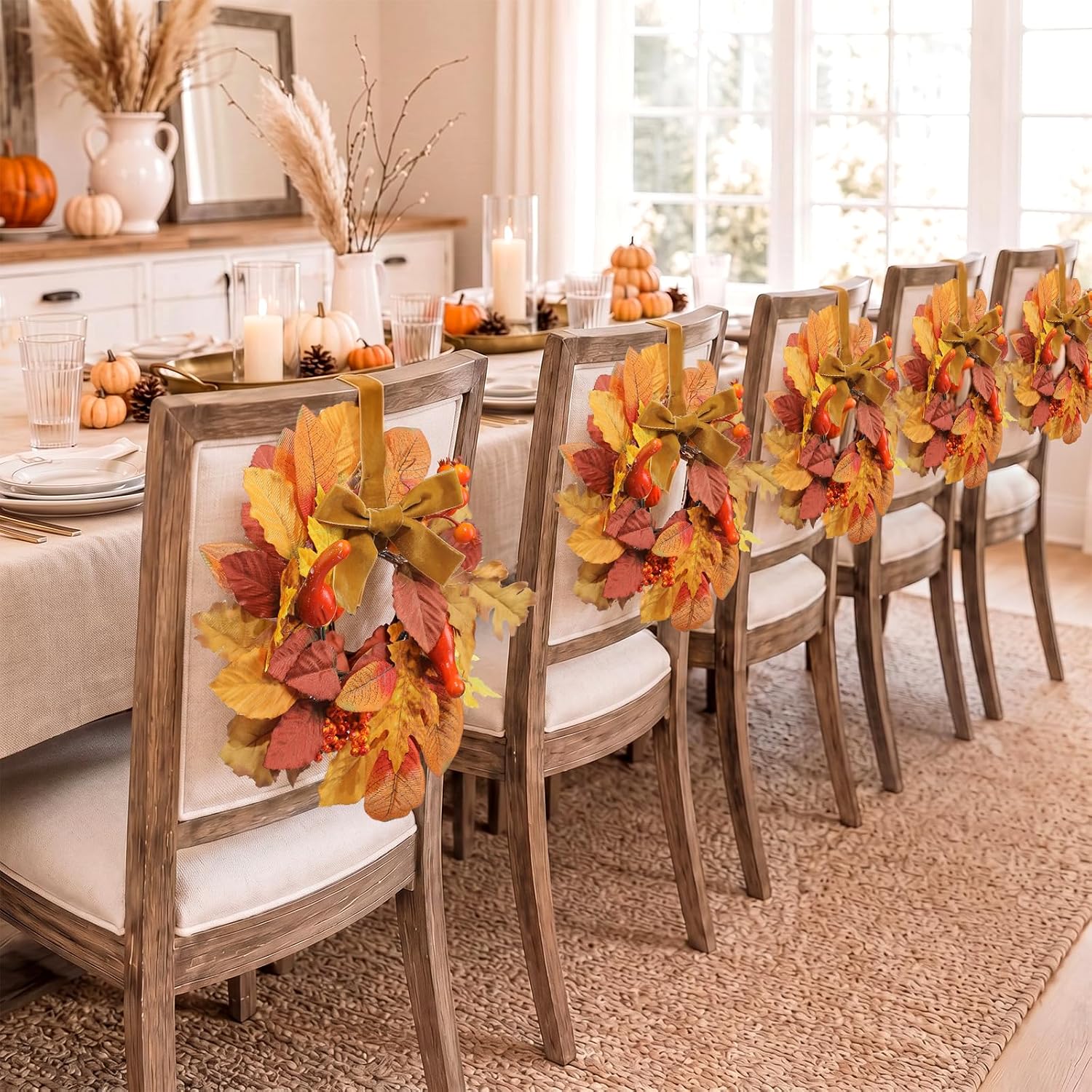 Birchmont 6 Pack 9" Mini Fall Wreaths Bulk for Kitchen Cabinet Decoration, Orange, Red, Brown