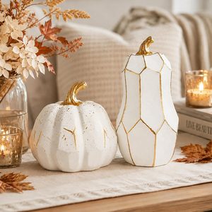 VelloHome Fall Pumpkin Decor, Set of 2 White and Gold Decorative Pumpkins, 15.2 ounces