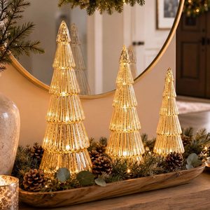 Aldernest 3 Pcs Gold Mercury Glass Lighted Christmas Trees for Table, 10.56 ounces