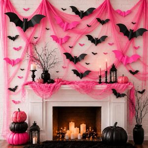 Aldernest 118" x 138" Pink Halloween Party Decoration Gauze, 32 Pcs 3D Bat, 118.11 x 137.8 inches, 33 Count