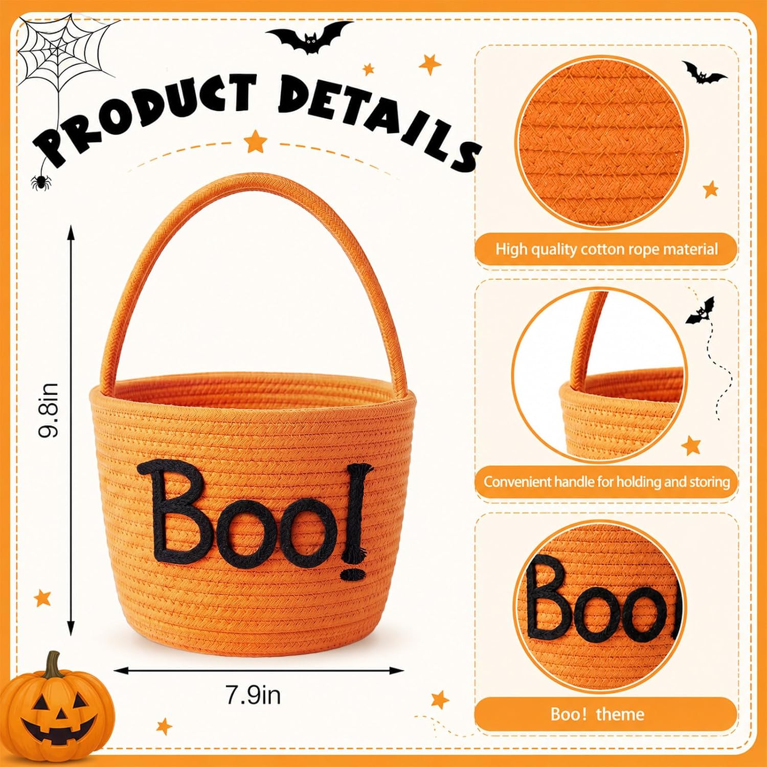 Aldernest Halloween Boo Basket with Handles Cotton Rope Storage, Orange