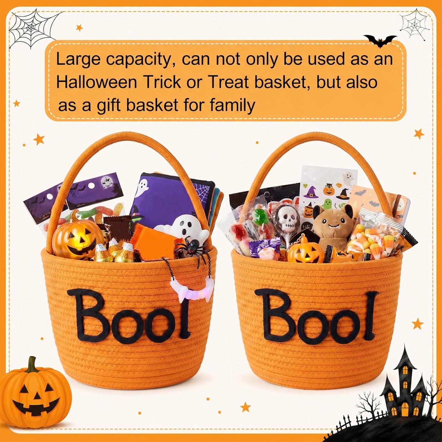 Aldernest Halloween Boo Basket with Handles Cotton Rope Storage, Orange