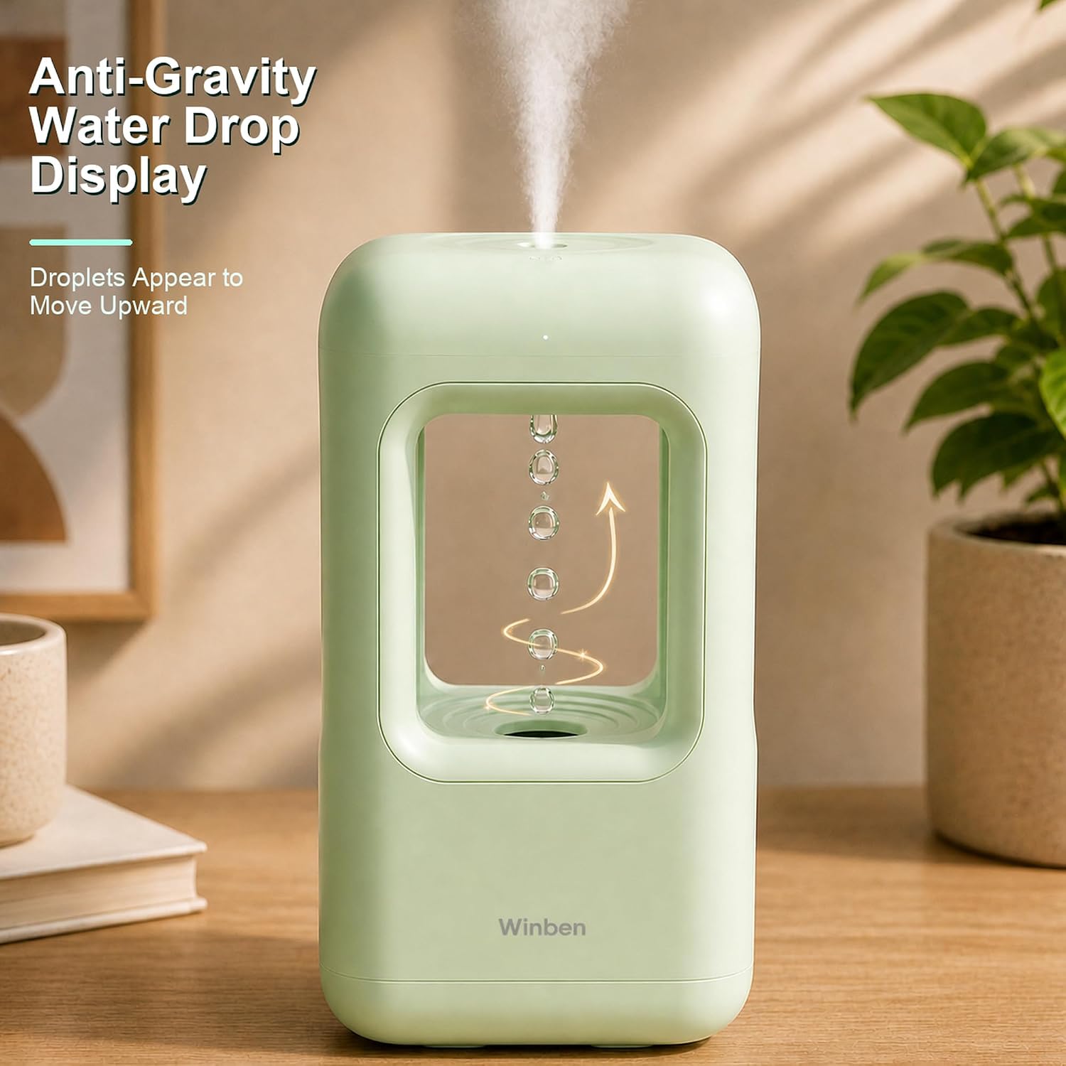 Aldernest 600mL Mini Cool Mist Humidifier with Anti-Gravity Water Drop Display for Desk, 1.8 pounds, Green