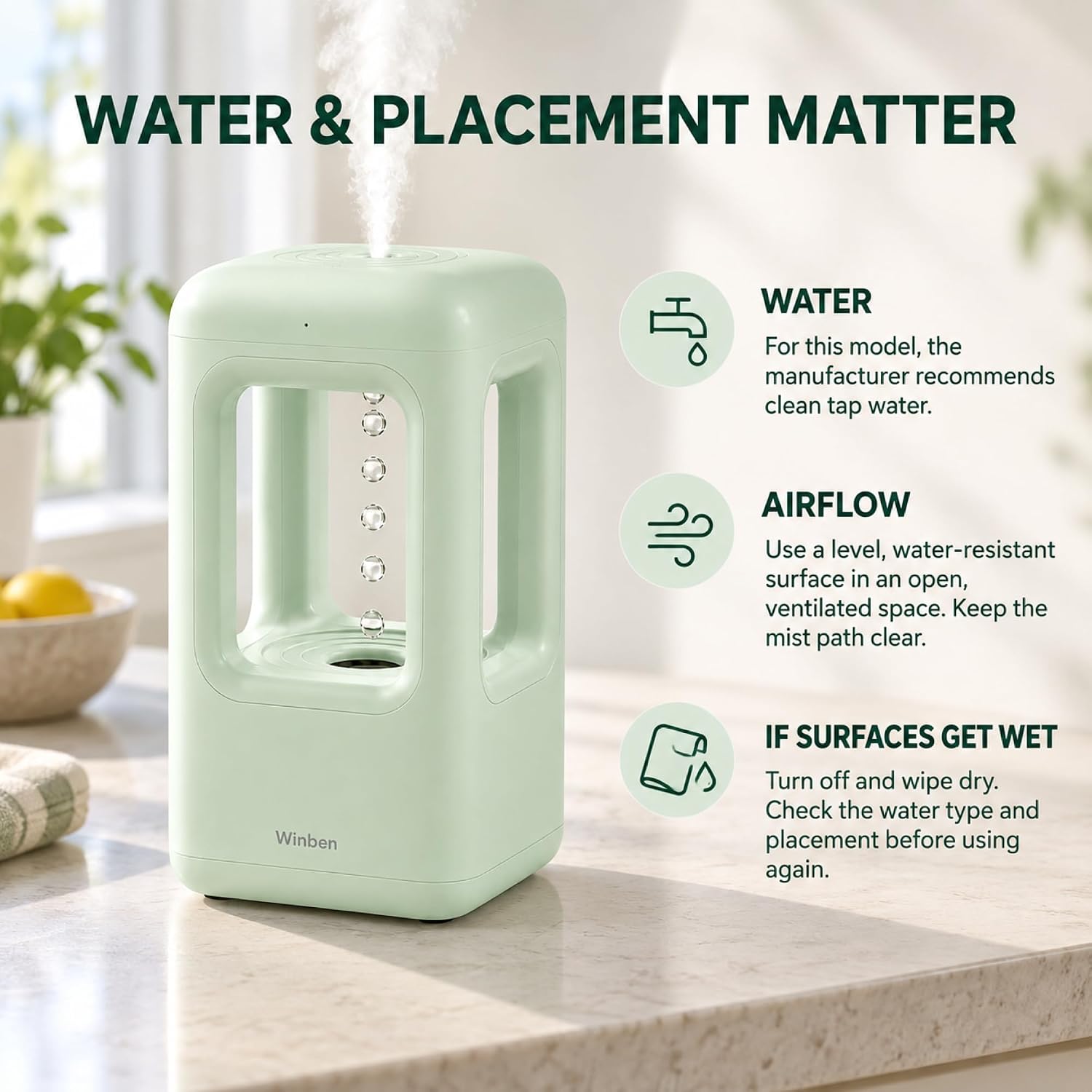 Aldernest 600mL Mini Cool Mist Humidifier with Anti-Gravity Water Drop Display for Desk, 1.8 pounds, Green