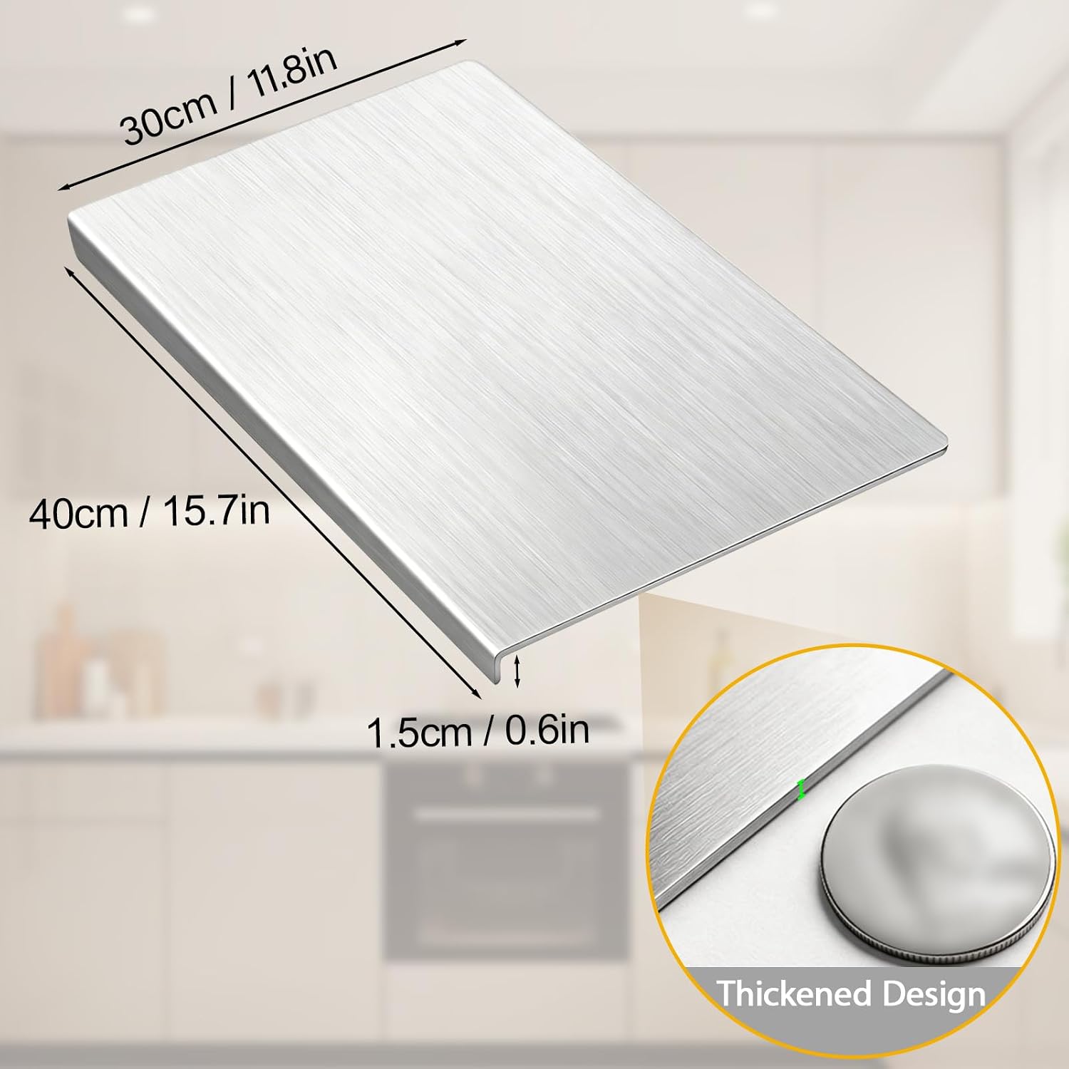 Aldernest 304 Stainless Steel Cutting Board with Lip, 15.7"L x 11.8"W, Silver