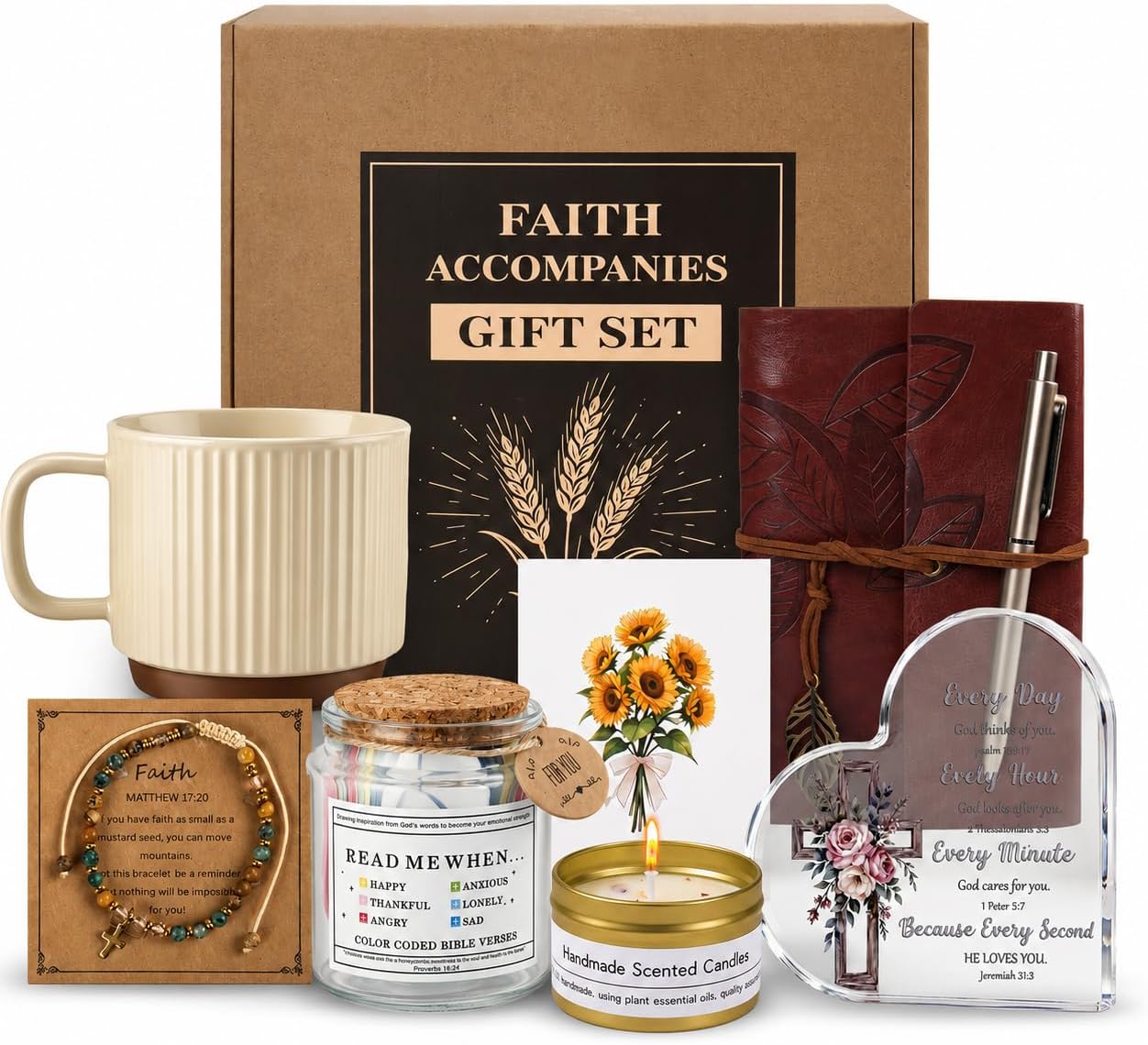 Aldernest Christian Gifts for Women, 8-Piece Religious Gift Set with Bible Verse Jar, Medium, Brown
