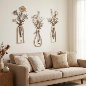 VelloHome 3Pcs Brown Metal Flower Vase Wall Art Botanical Iron Farmhouse Decor, 8 ounces, Brown Flower