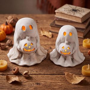 Ashenby 2 Pcs Halloween Terracotta Ghost Tealight Holder, White, Retro