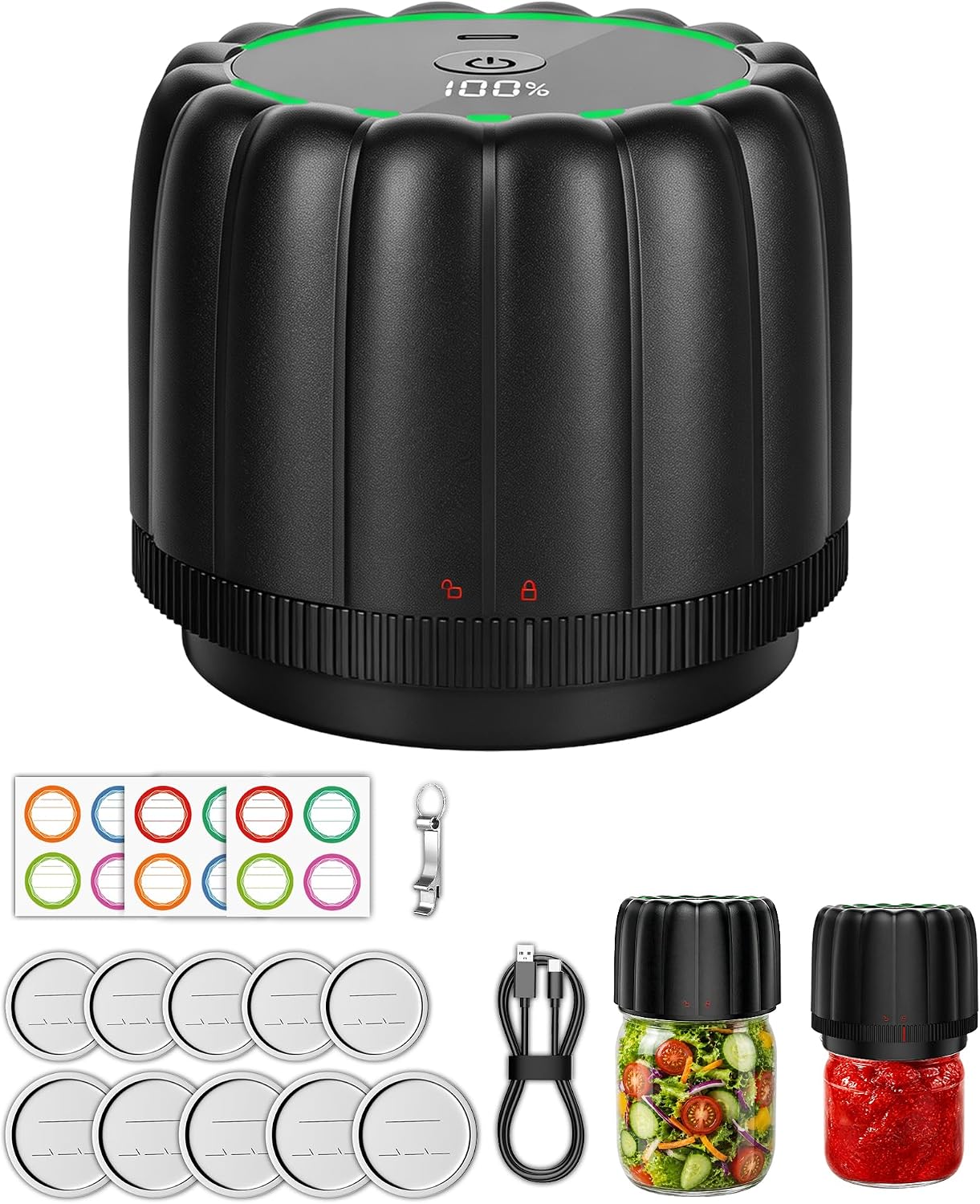 Aldernest 2026 Upgraded Electric Mason Jar Vacuum Sealer Kit for Food Storage, 450 g, Black, 30 Count