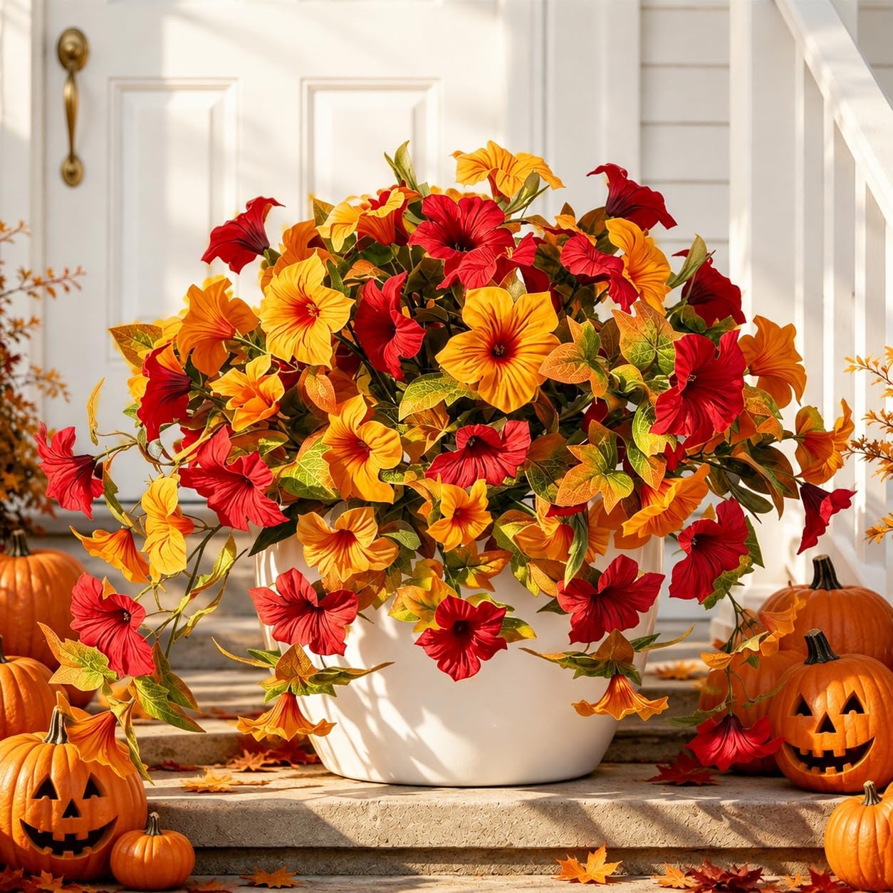 Aldernest 2pcs Artificial Fall Flowers Fake Petunia Plants for Fall Outdoor Decor, Red-a