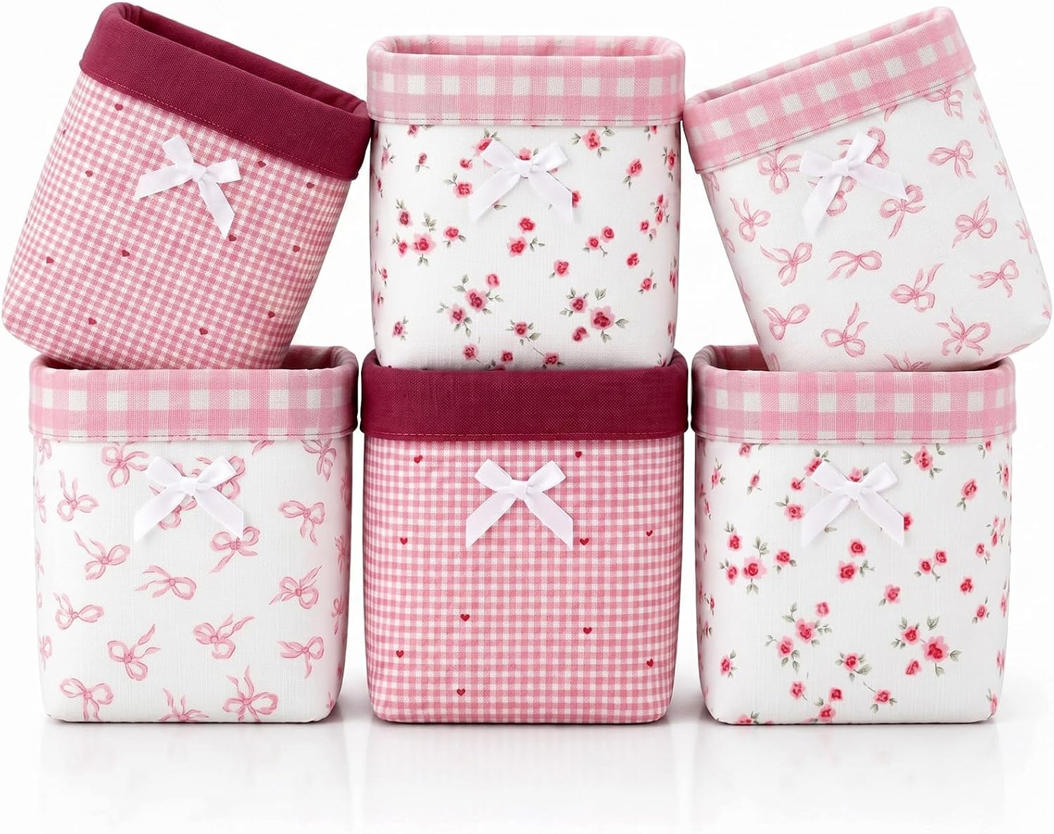 Aldernest 6 Pack Mini Storage Bin Coquette Pink Bow Stripes Canvas Basket, 5.5 x 4.3 inches, Pink Series