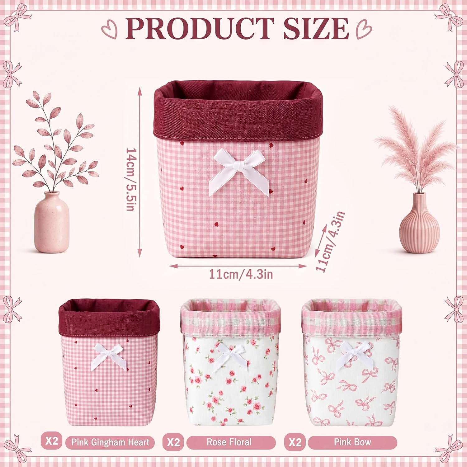 Aldernest 6 Pack Mini Storage Bin Coquette Pink Bow Stripes Canvas Basket, 5.5 x 4.3 inches, Pink Series