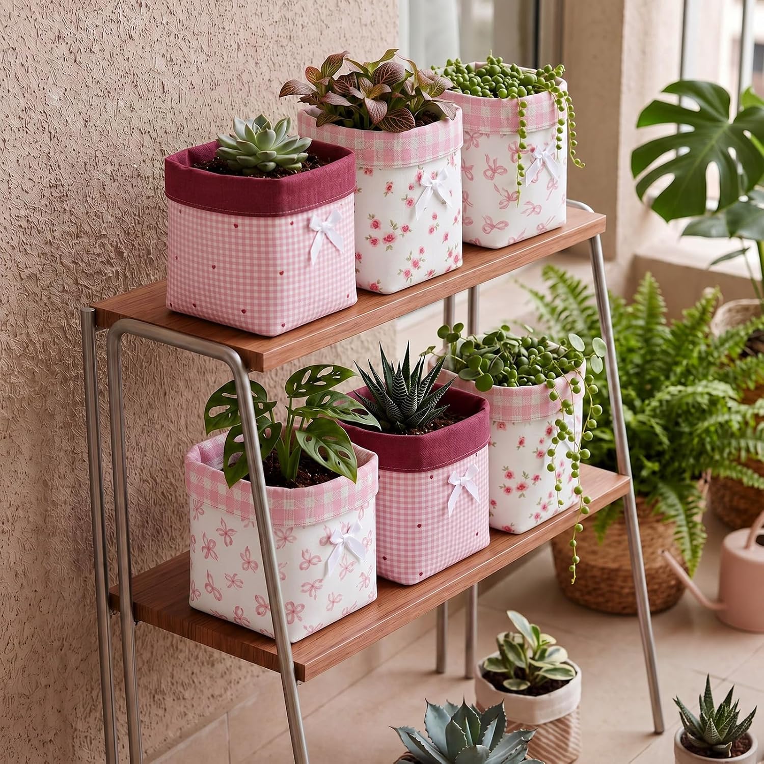 Aldernest 6 Pack Mini Storage Bin Coquette Pink Bow Stripes Canvas Basket, 5.5 x 4.3 inches, Pink Series