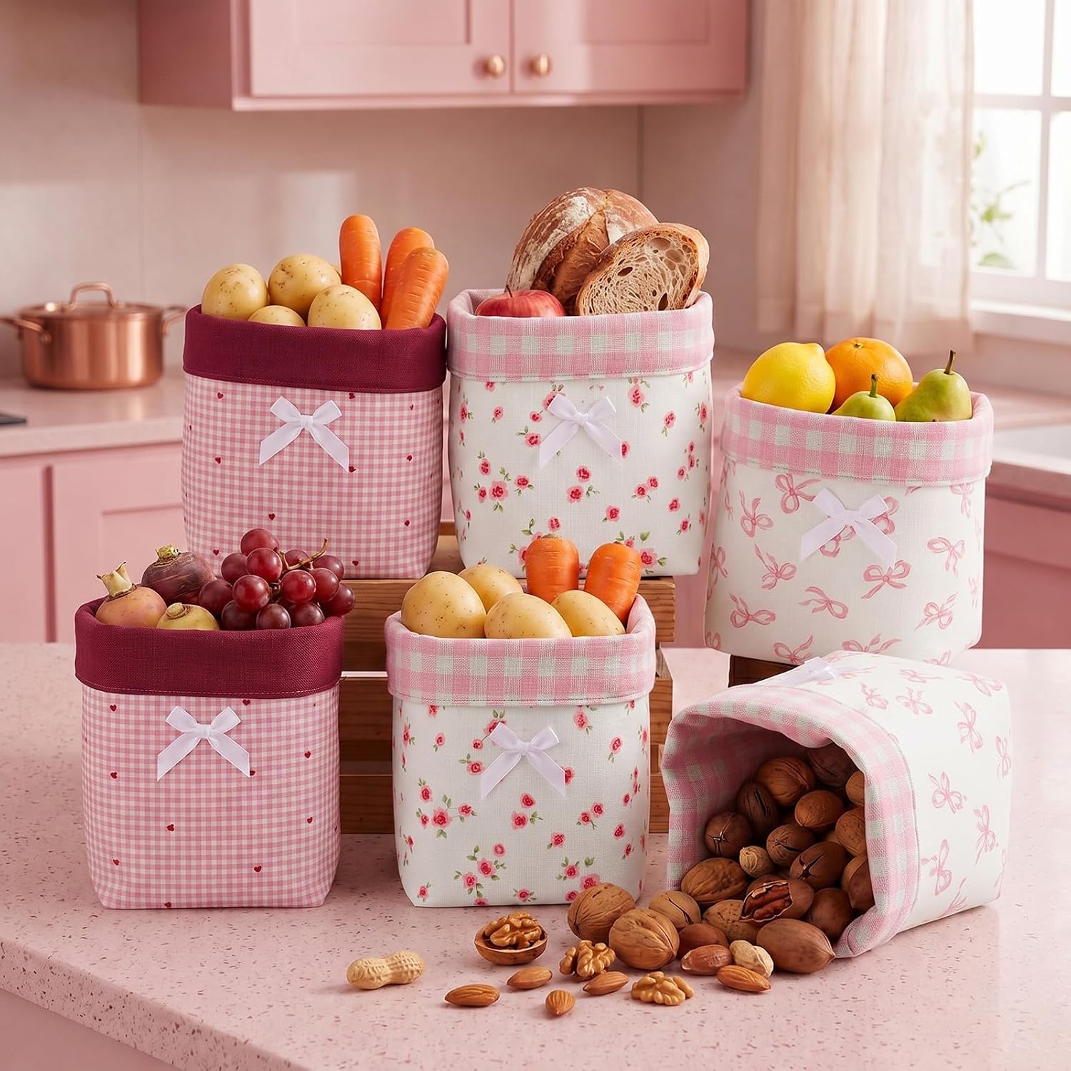 Aldernest 6 Pack Mini Storage Bin Coquette Pink Bow Stripes Canvas Basket, 5.5 x 4.3 inches, Pink Series