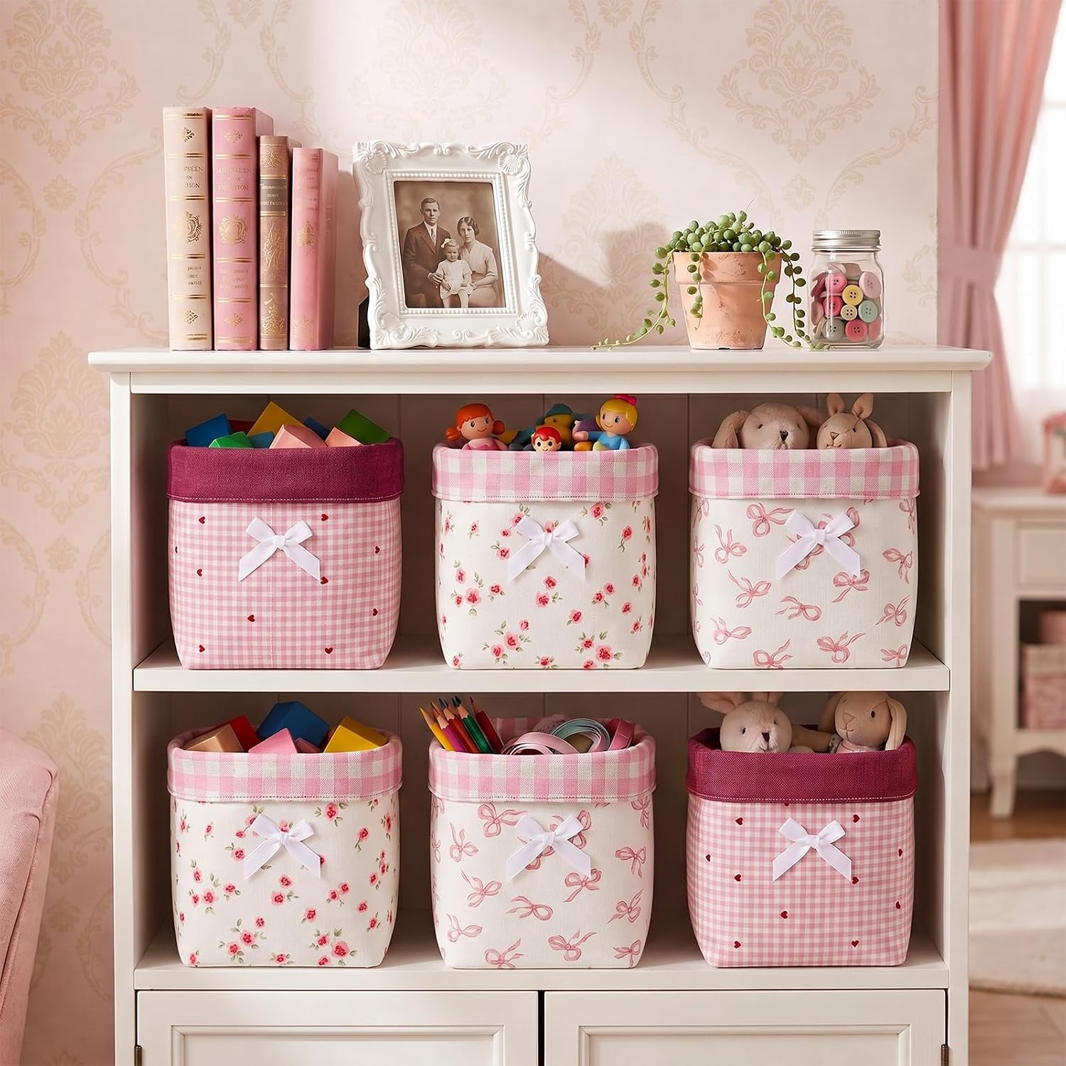 Aldernest 6 Pack Mini Storage Bin Coquette Pink Bow Stripes Canvas Basket, 5.5 x 4.3 inches, Pink Series