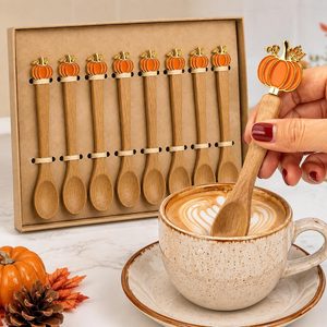 Ashenby 8 Pcs Fall Pumpkin Spoons 5'' Acacia Wood Spoon for Coffee Bar, 3.84 ounces, Vintage color