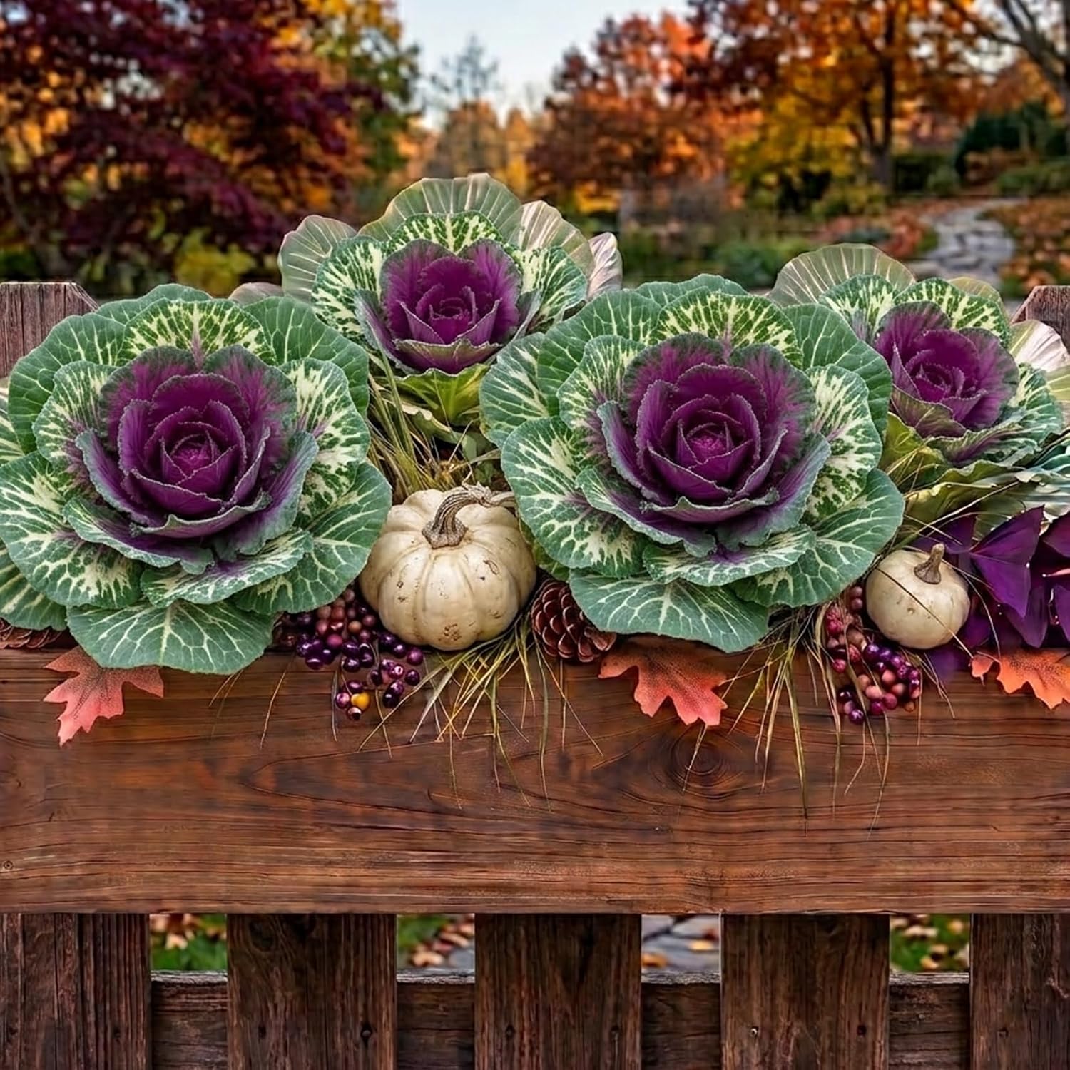Ashenby 4 Pack 11.8″ Fall Faux Cabbage, Artificial Cabbage with Pot, Green Purple