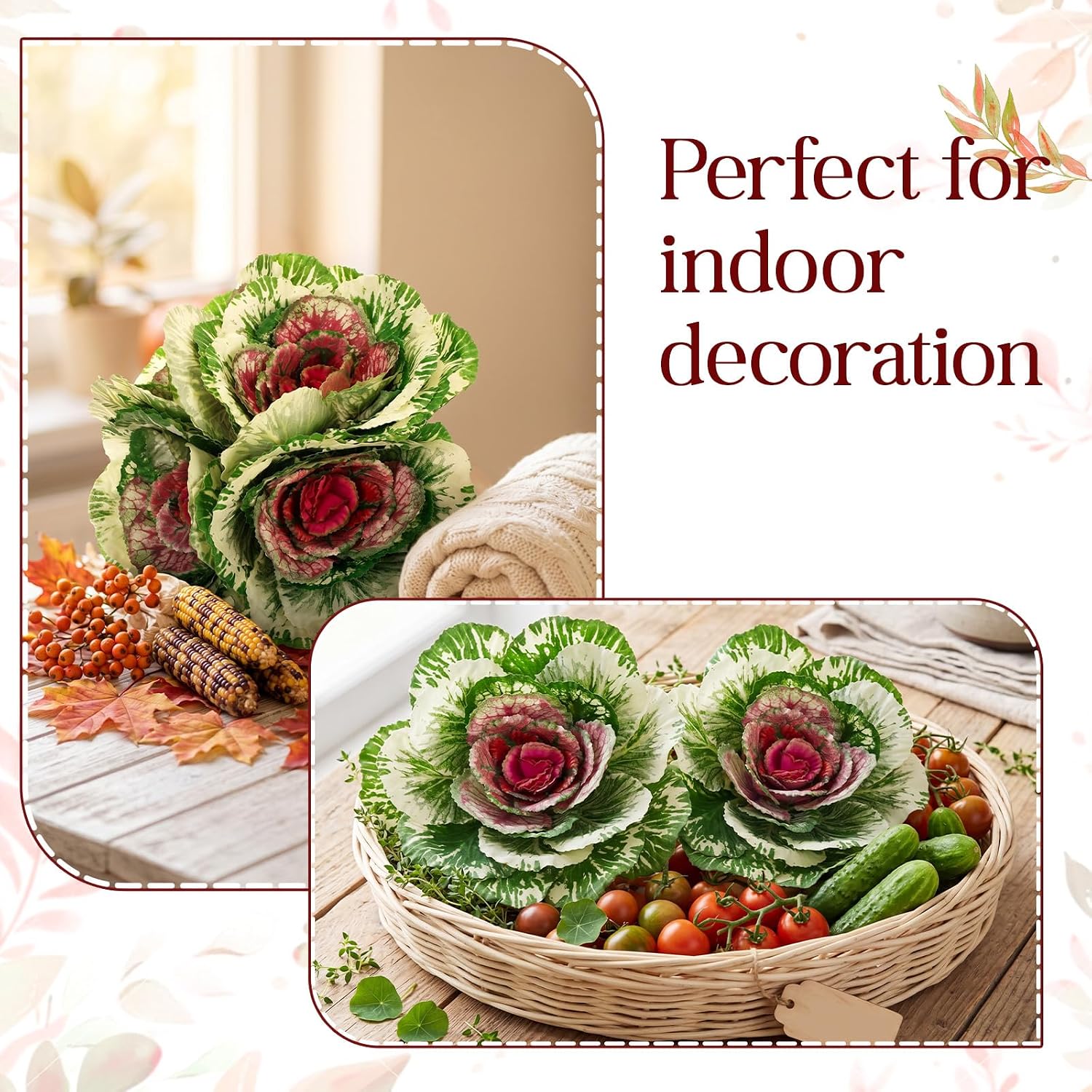 Ashenby 4 Pack 11.8″ Fall Faux Cabbage, Artificial Cabbage with Pot, Green Purple