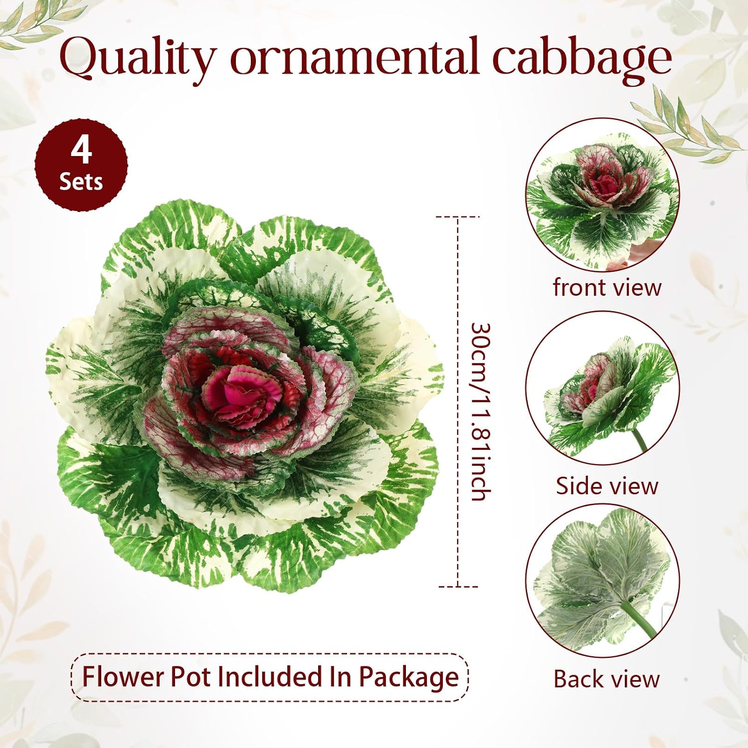 Ashenby 4 Pack 11.8″ Fall Faux Cabbage, Artificial Cabbage with Pot, Green Purple