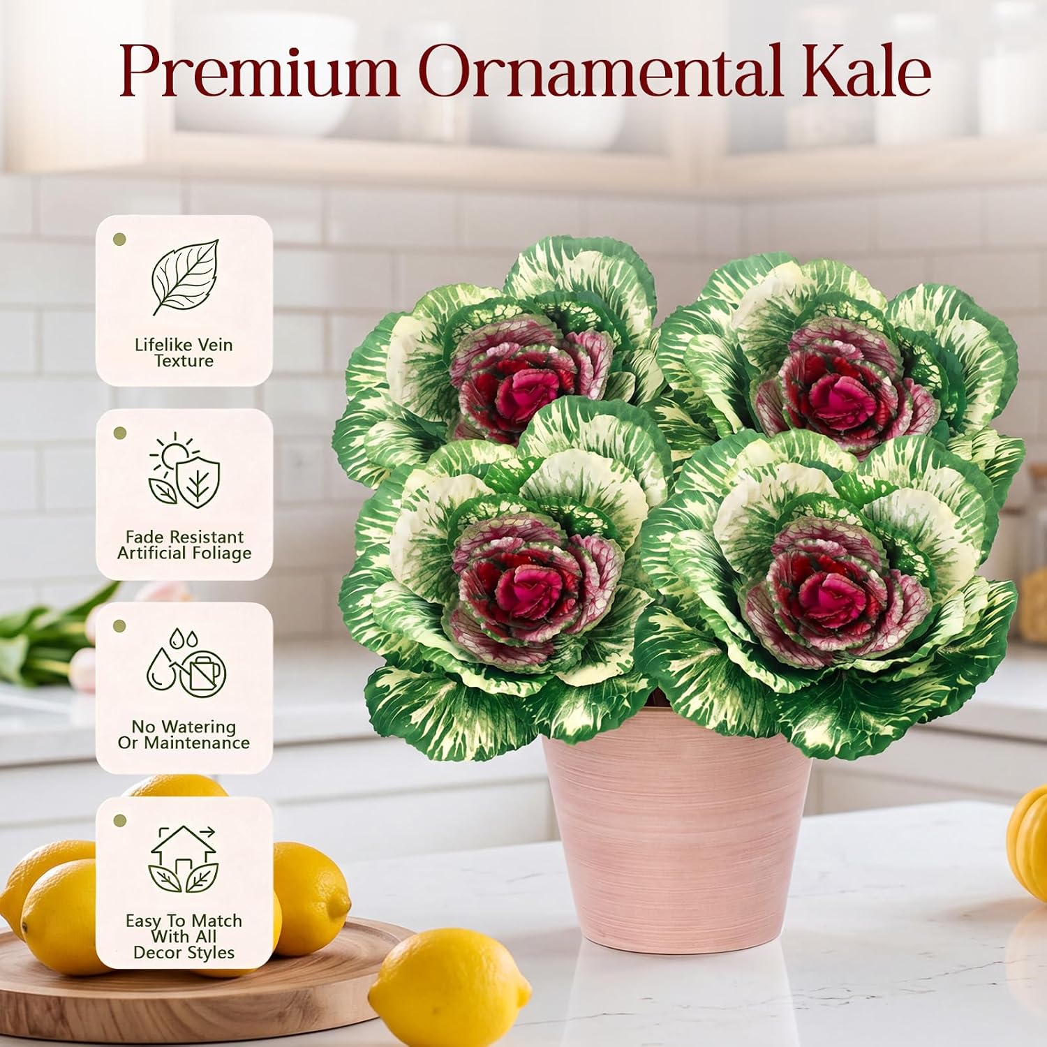 Ashenby 4 Pack 11.8″ Fall Faux Cabbage, Artificial Cabbage with Pot, Green Purple