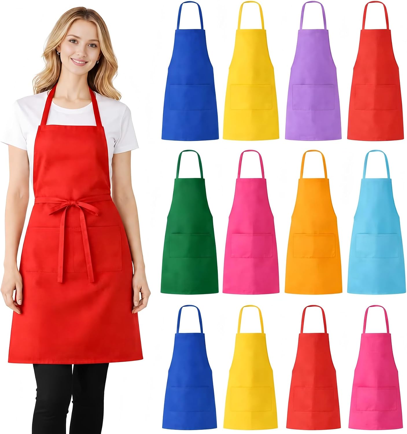 Ashenby 12 Pack Aprons Bulk with Pockets, Unisex Apron with Extra Long Ties for Chef