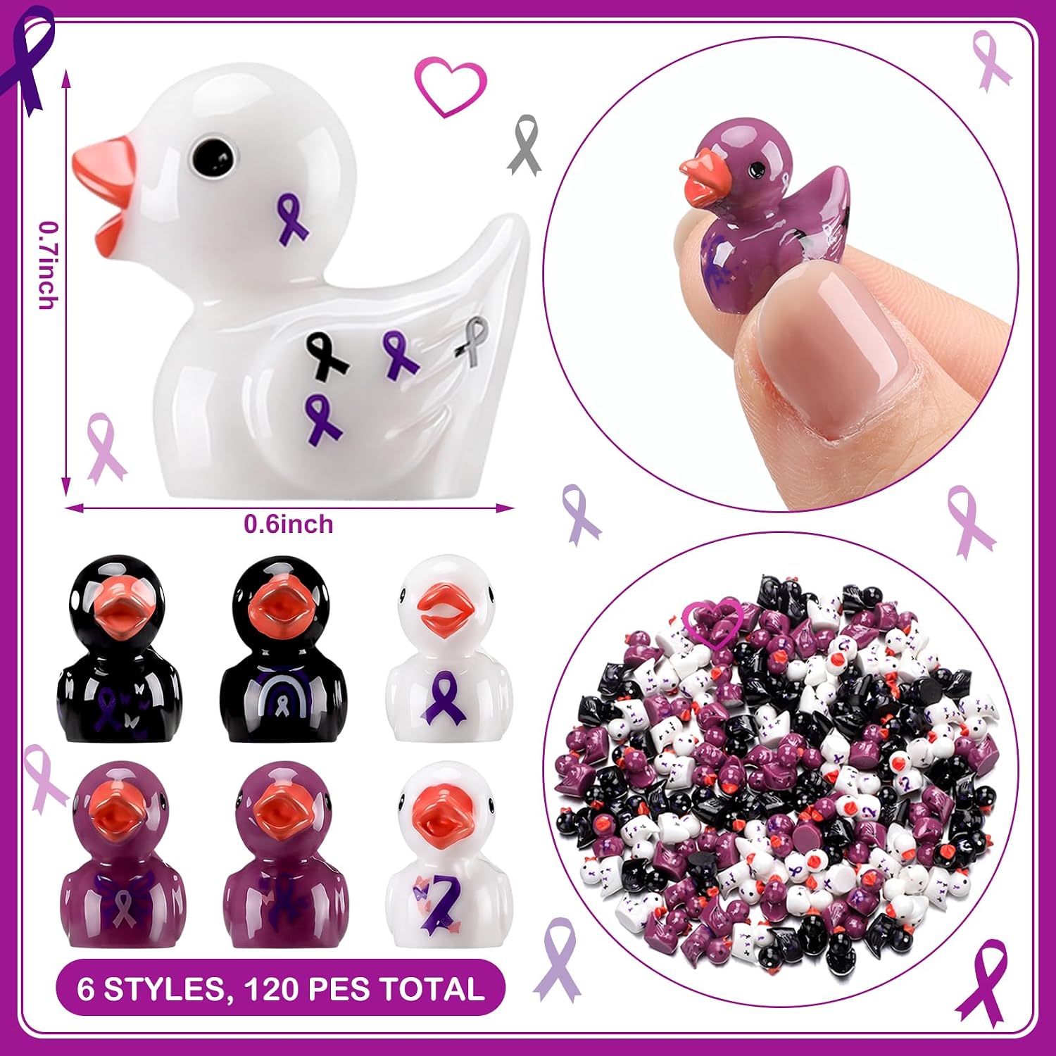 Aldernest 120 Pcs Domestic Violence Awareness Mini Resin Ducks Bulk, 8 ounces, Peuple, White and Black