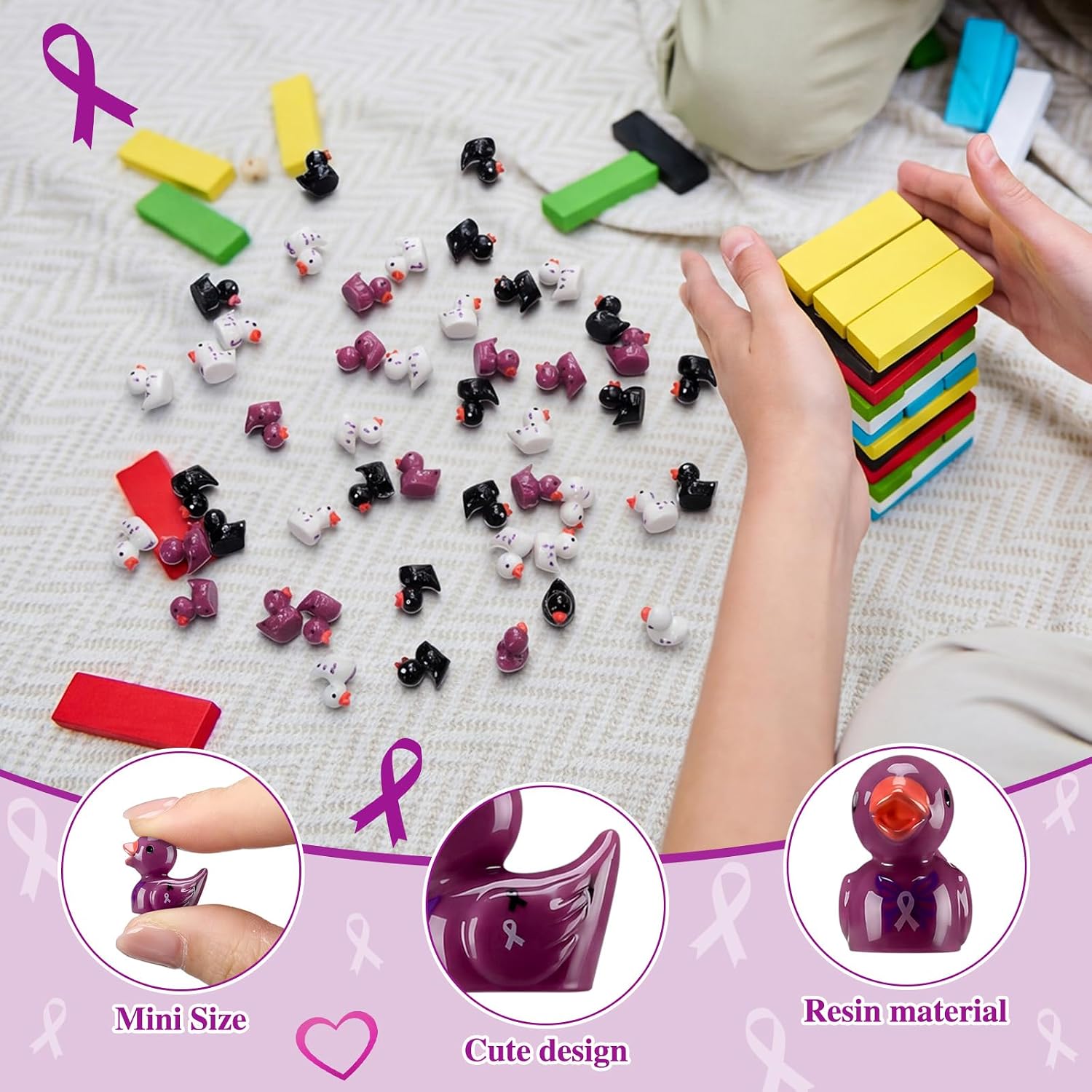 Aldernest 120 Pcs Domestic Violence Awareness Mini Resin Ducks Bulk, 8 ounces, Peuple, White and Black