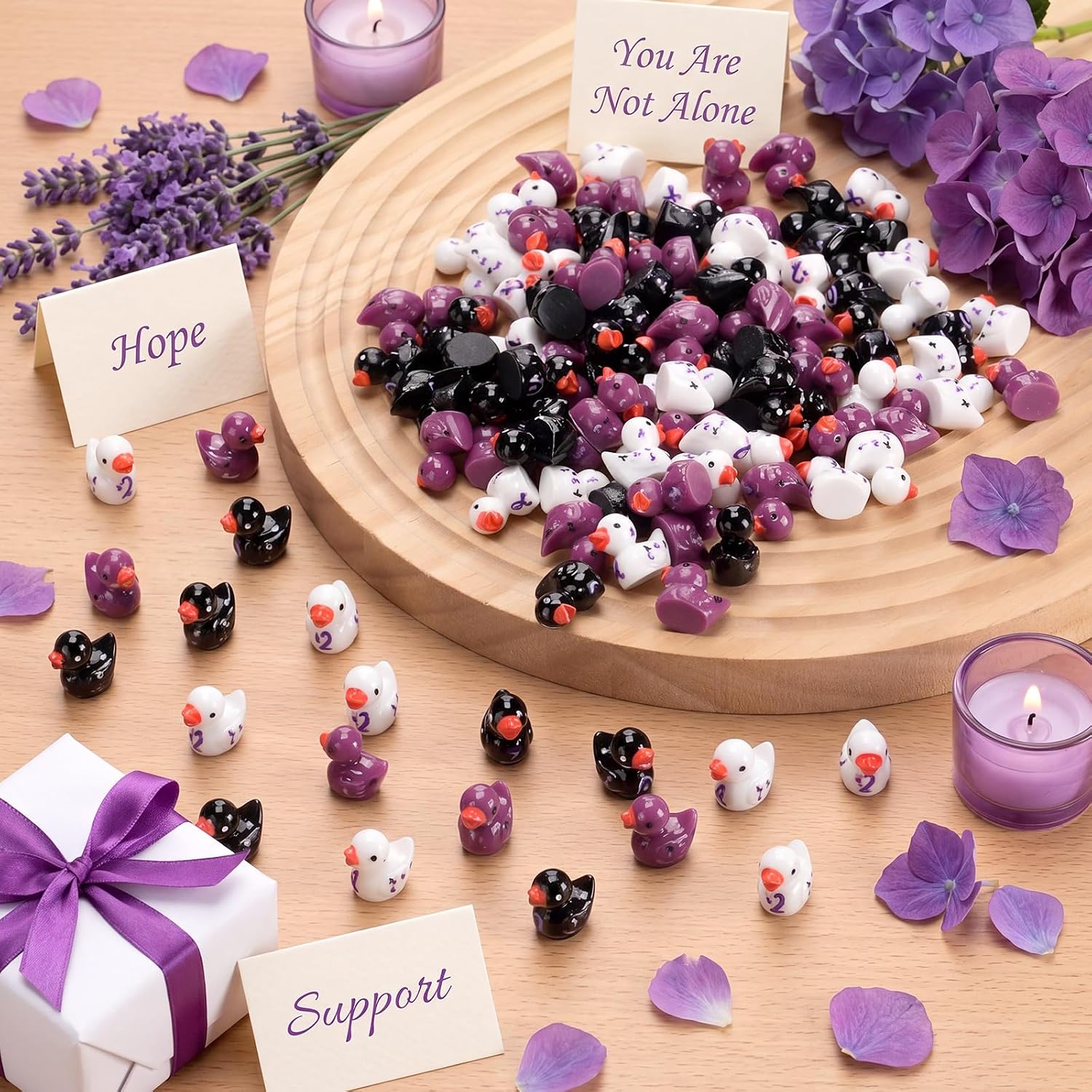 Aldernest 120 Pcs Domestic Violence Awareness Mini Resin Ducks Bulk, 8 ounces, Peuple, White and Black
